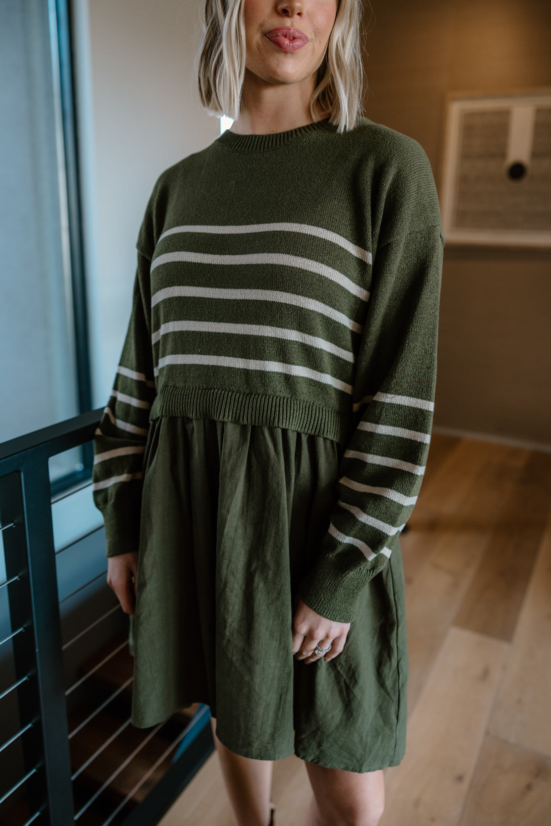 The Olive Stripe Sweater Dress OLIVE-CREAM Stripe / M The Olive Stripe Sweater Dress OLIVE-CREAM Stripe / M