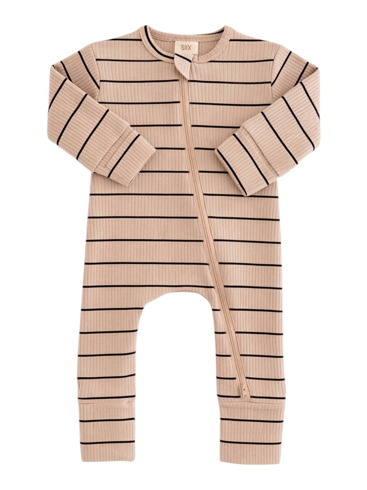 Ribbed 2-Way Zip Romper | Tan/Black Stripe