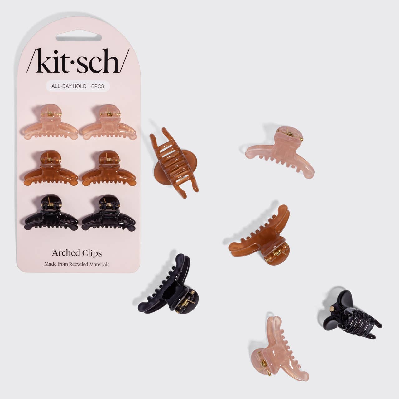 Kitsch Recycled Plastic Mini Arched Clips 6pc Set | Soft Pink, Mocha & Black