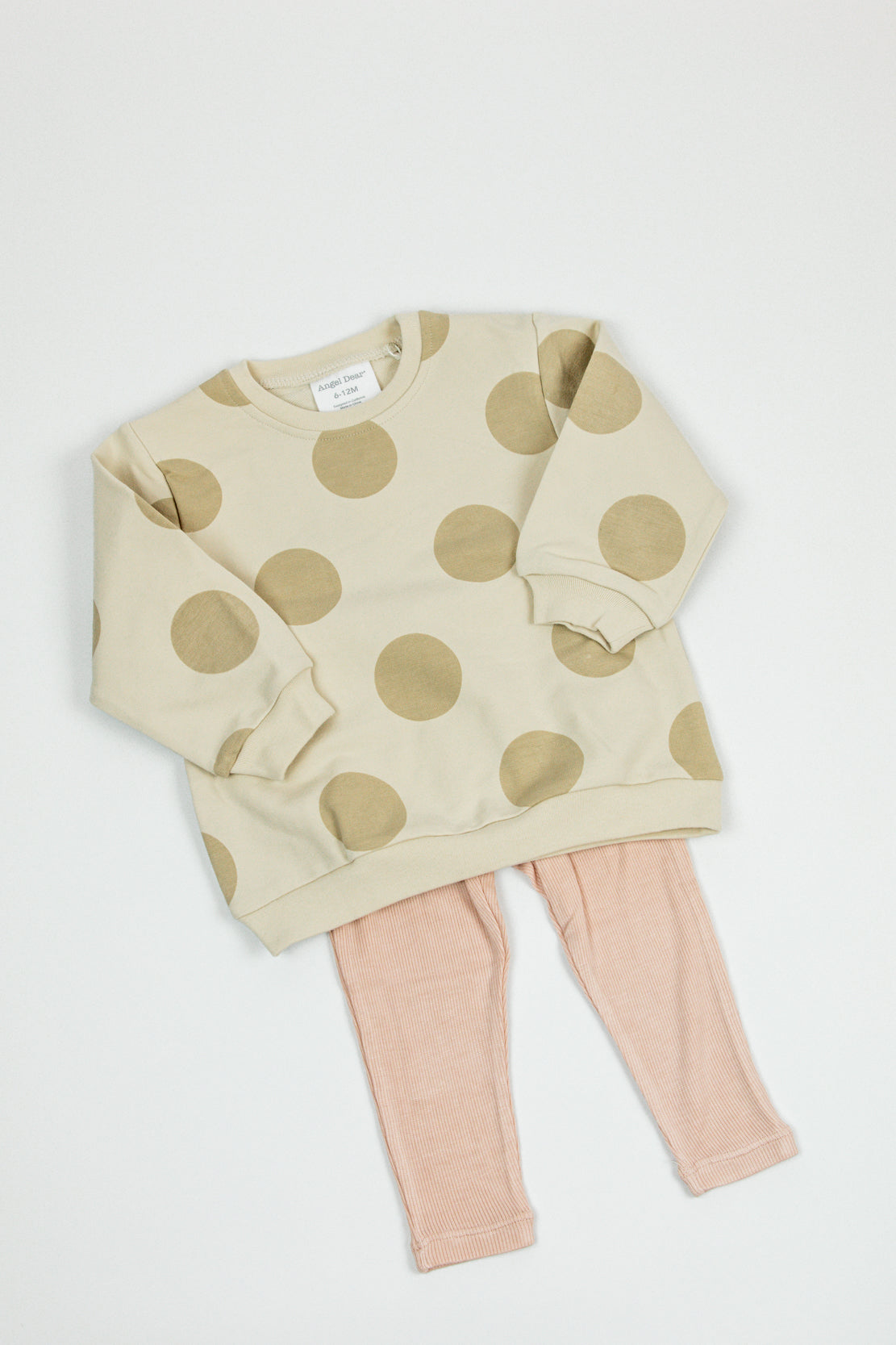 Angel Dear Puffy L/S Oversized Sweatshirt + Ribbed Flared Pant | French Terry Beige Dot