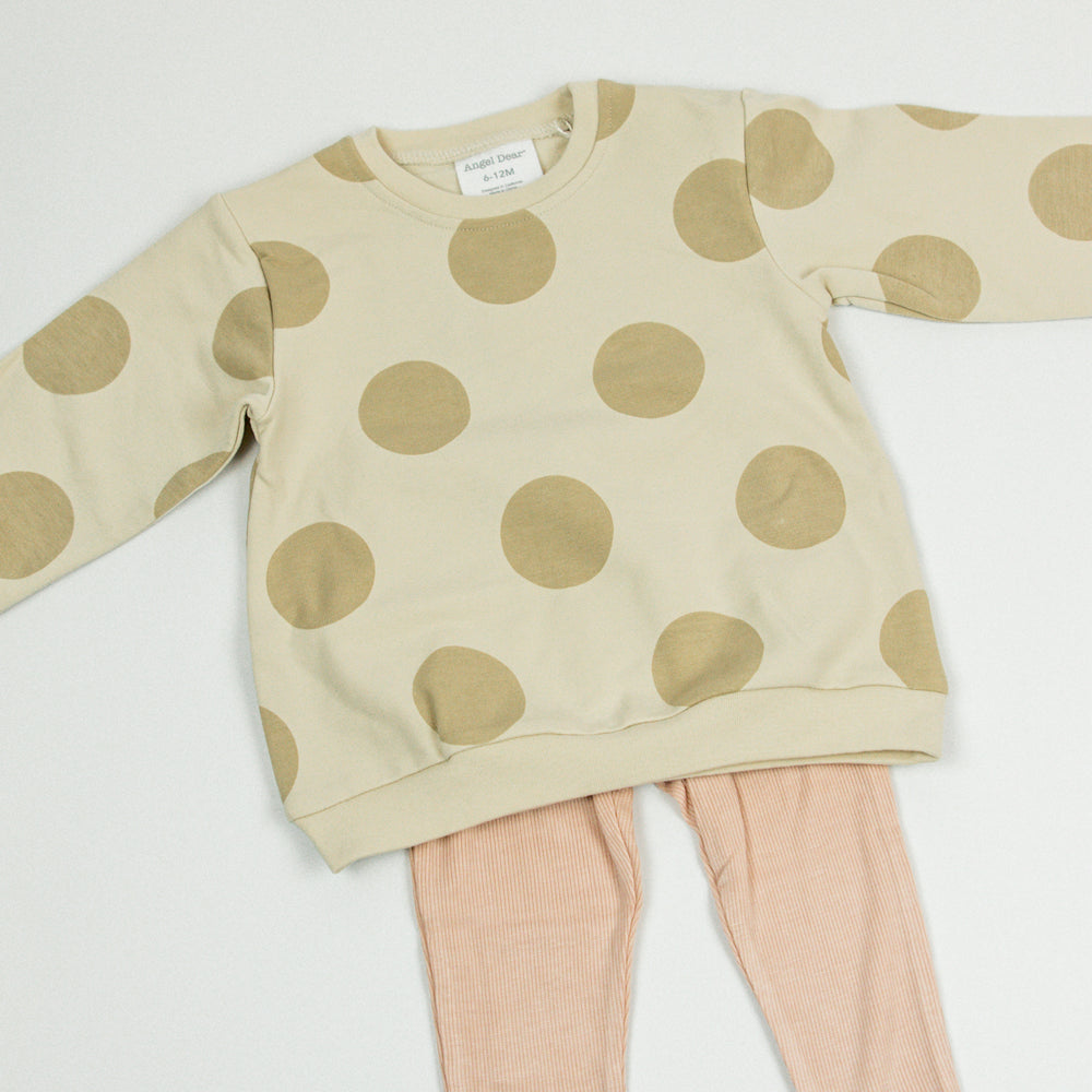 Angel Dear Puffy L/S Oversized Sweatshirt + Ribbed Flared Pant | French Terry Beige Dot