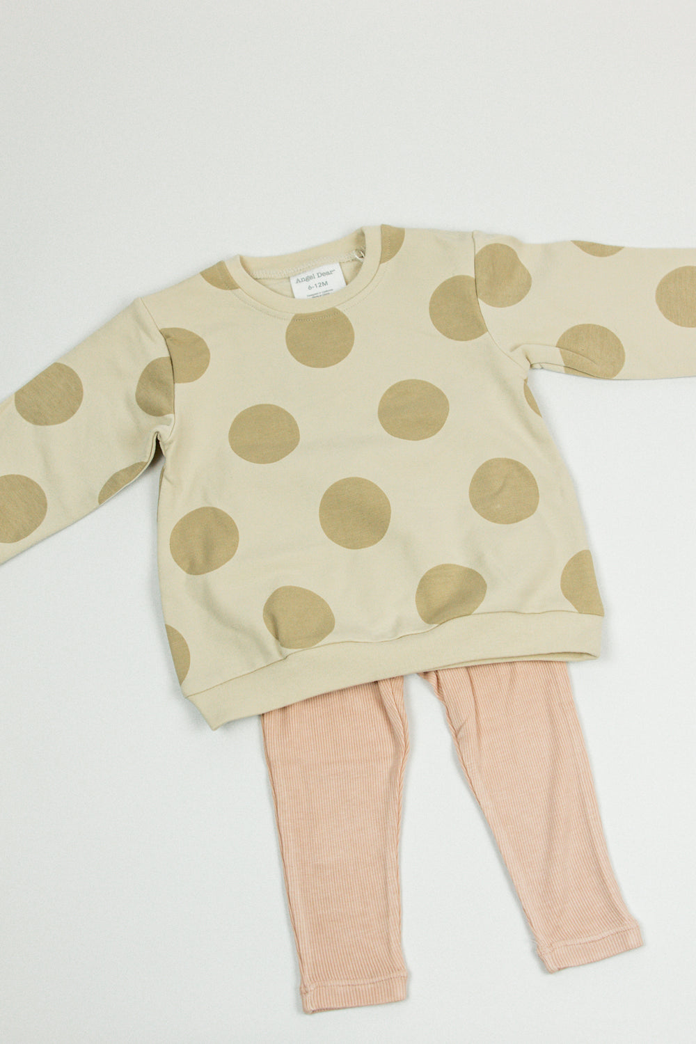 Angel Dear Puffy L/S Oversized Sweatshirt + Ribbed Flared Pant | French Terry Beige Dot