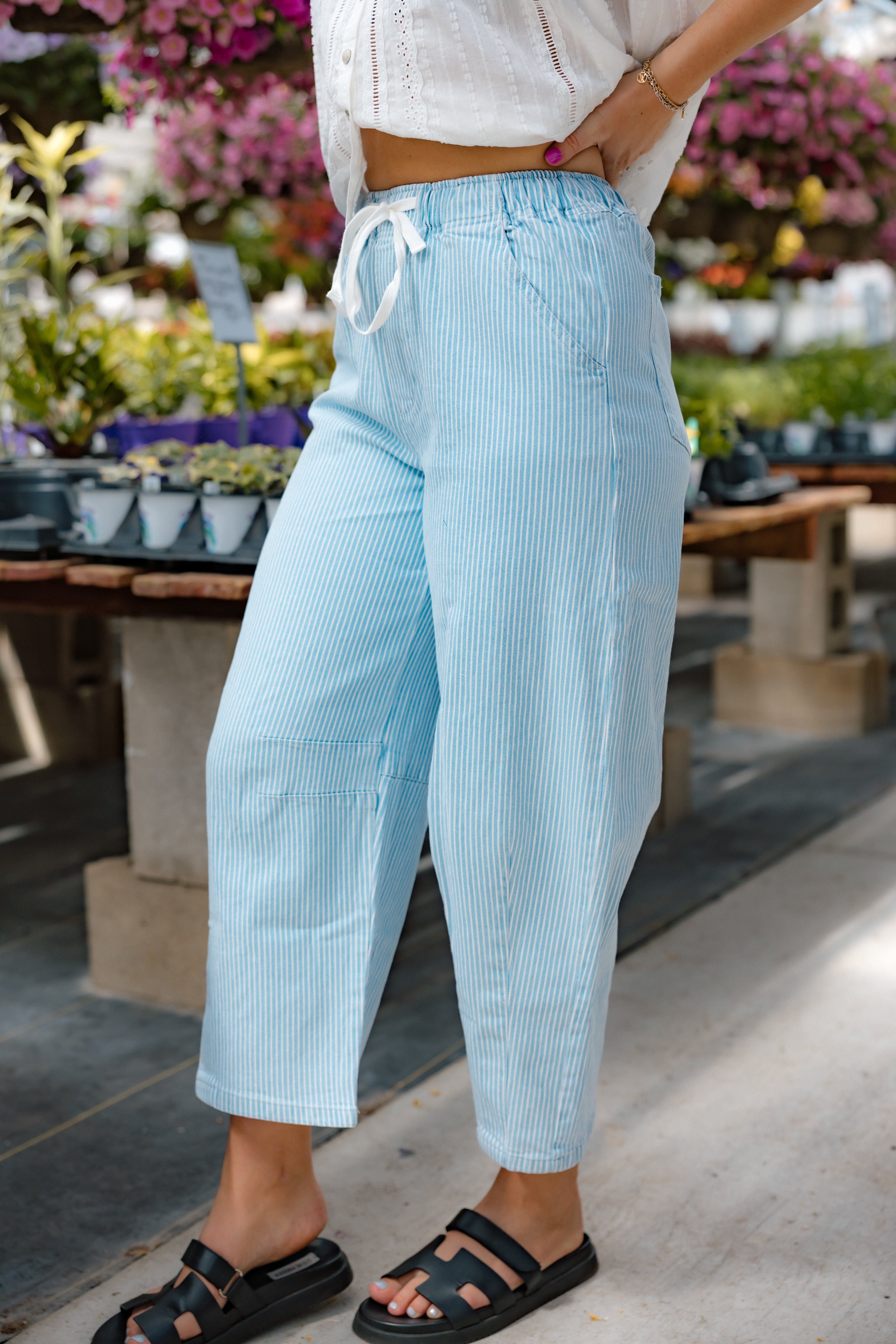 Abbie Striped Washed Barrel Pant | Light Denim