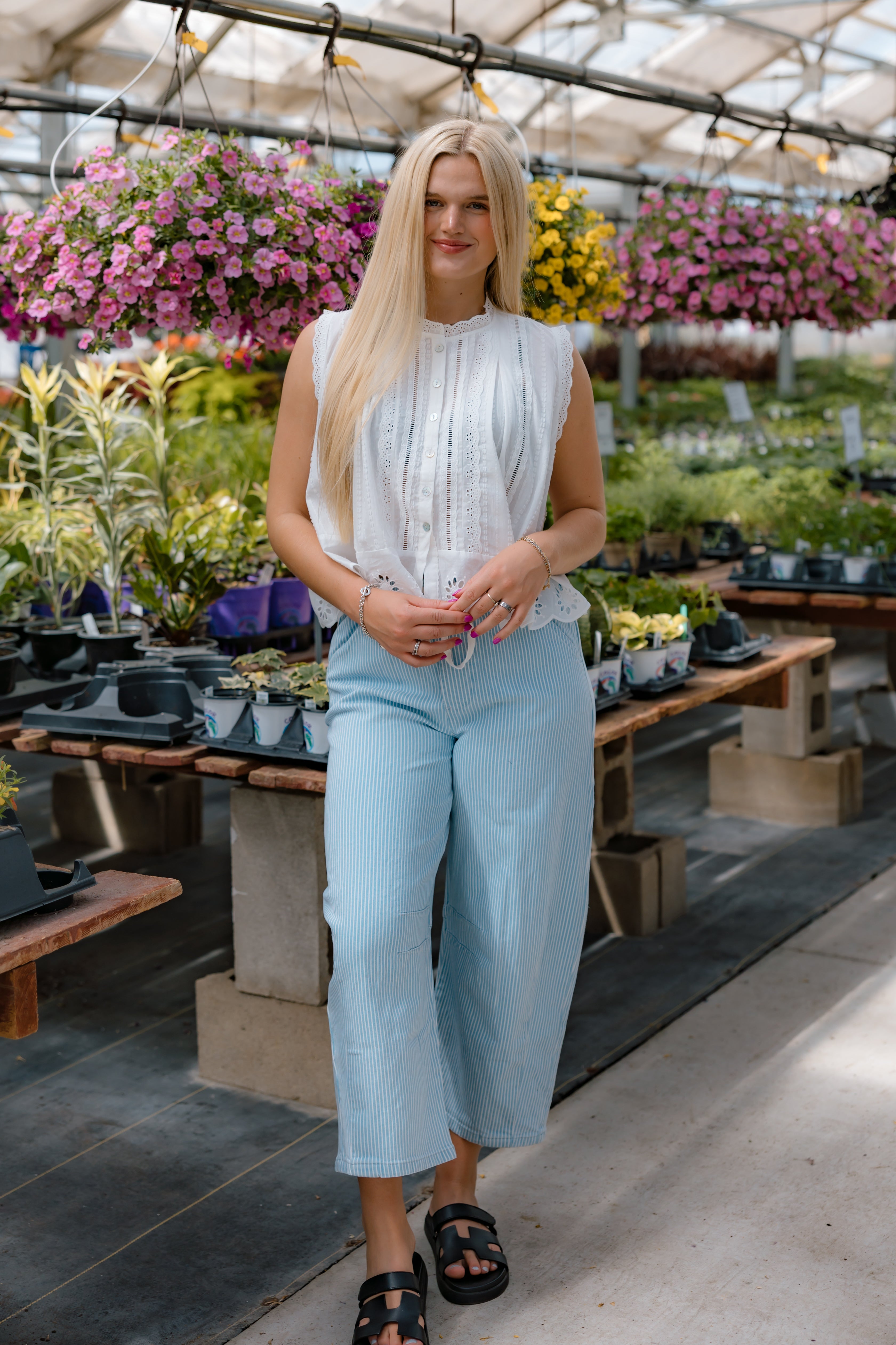 Abbie Striped Washed Barrel Pant | Light Denim