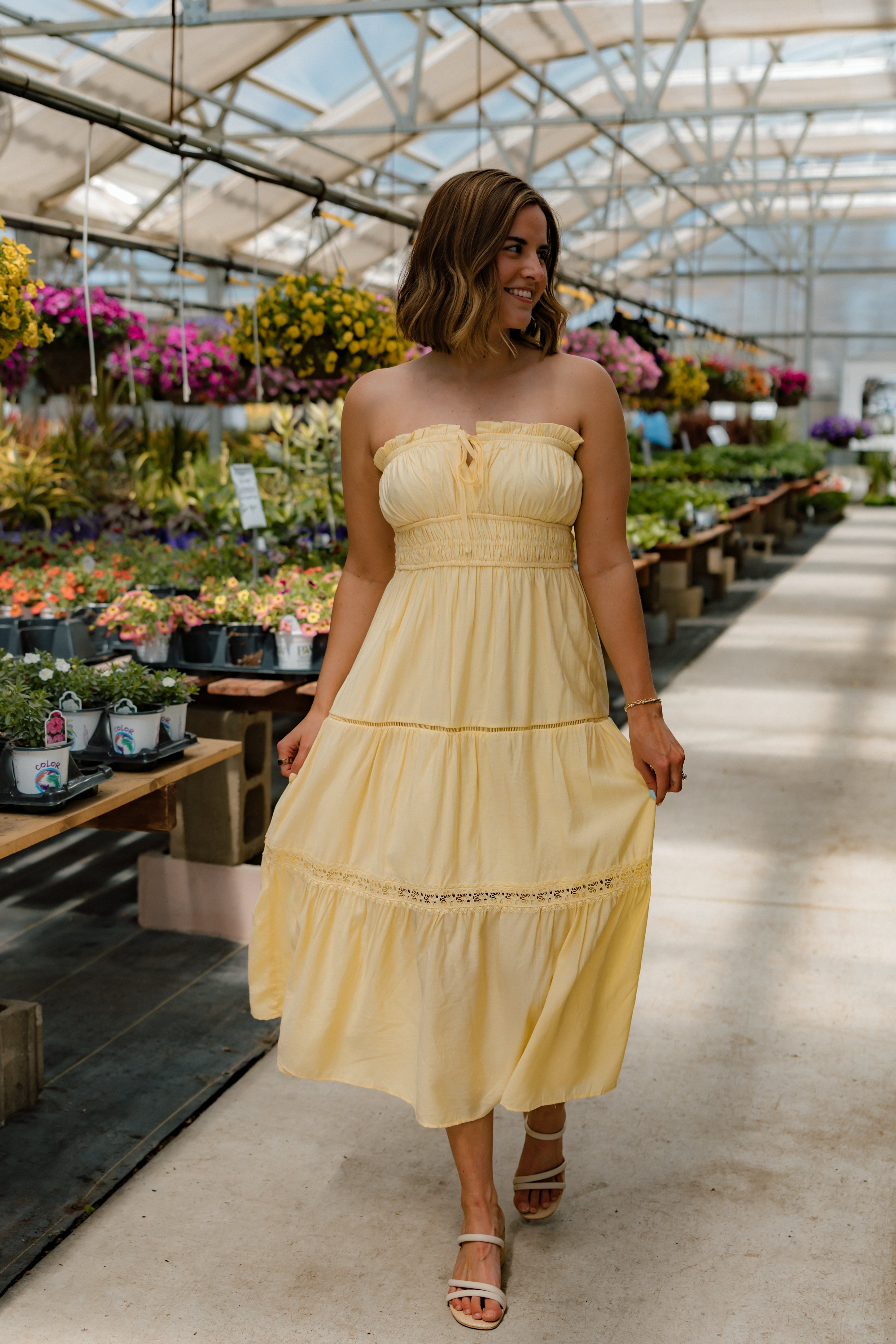 Macie Strapless Midi Dress | Butter Yellow
