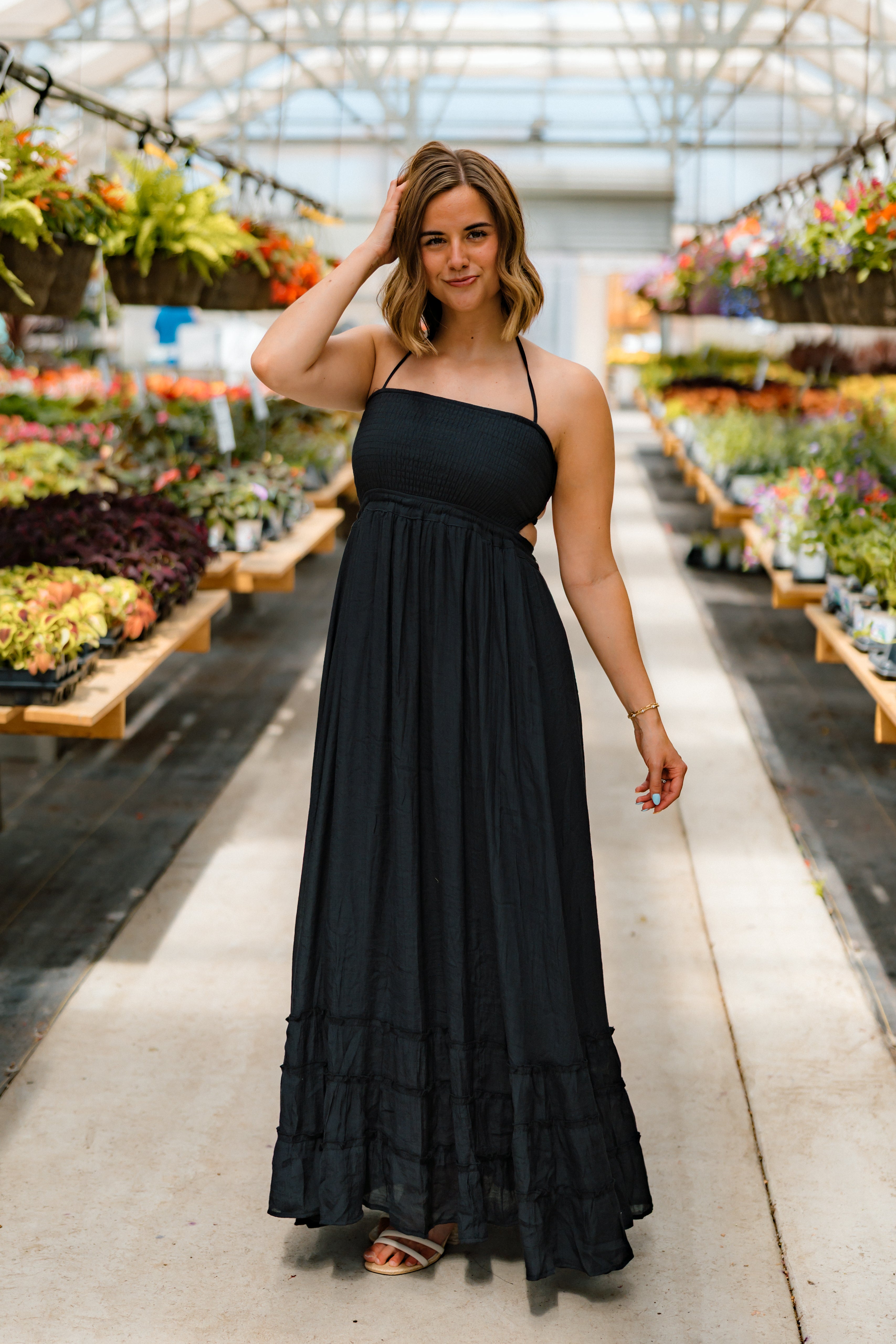 Hattie Smocked Halter Maxi Dress | Black