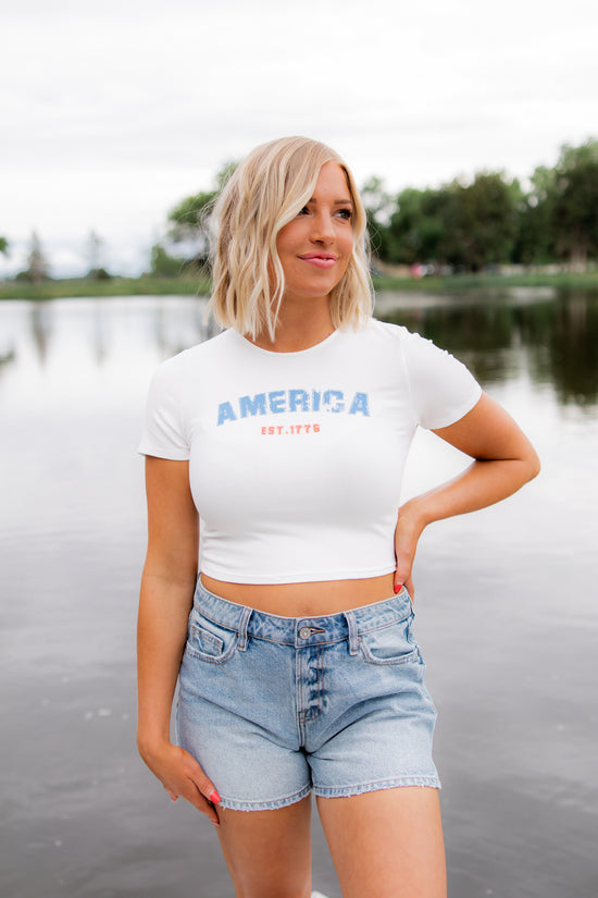 America Cropped Ribbed Tee | White