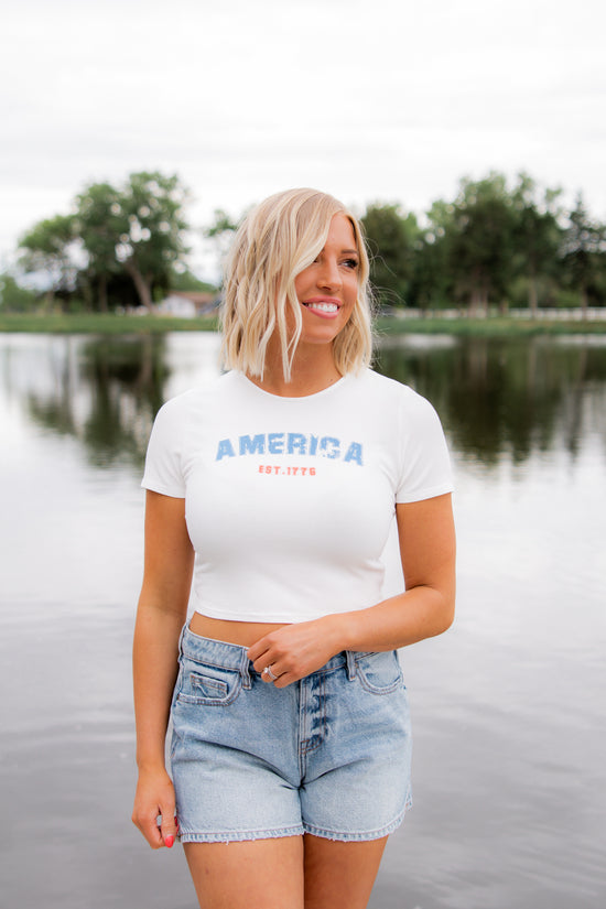 America Cropped Ribbed Tee | White