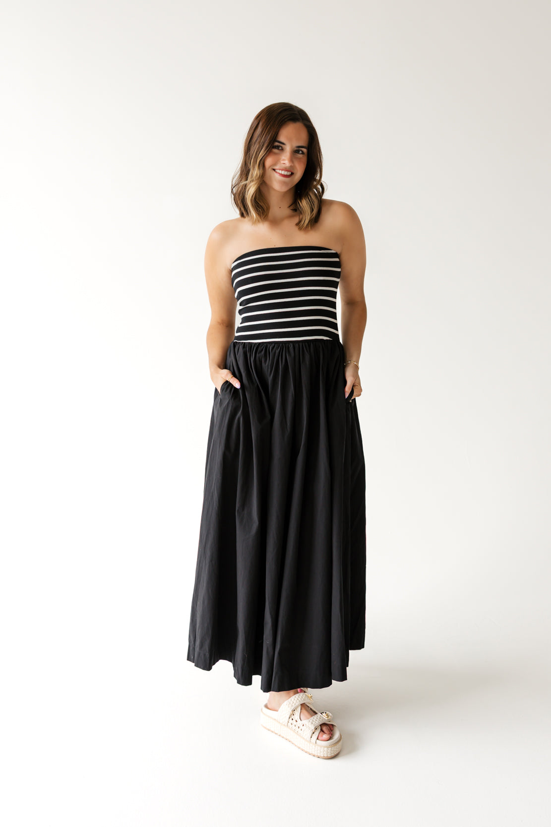 Rayna Strapless Striped Maxi Dress | Black