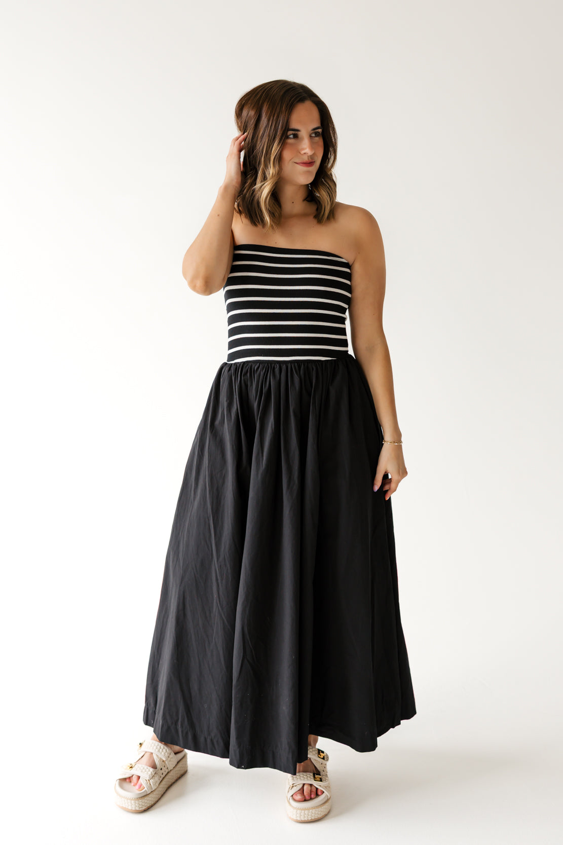 Rayna Strapless Striped Maxi Dress | Black