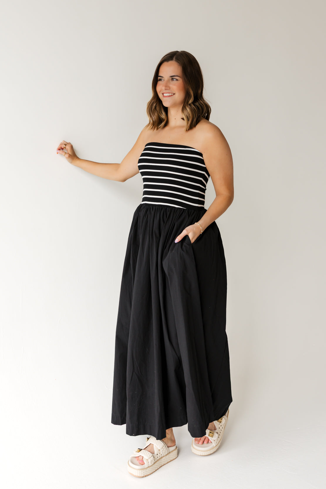 Rayna Strapless Striped Maxi Dress | Black