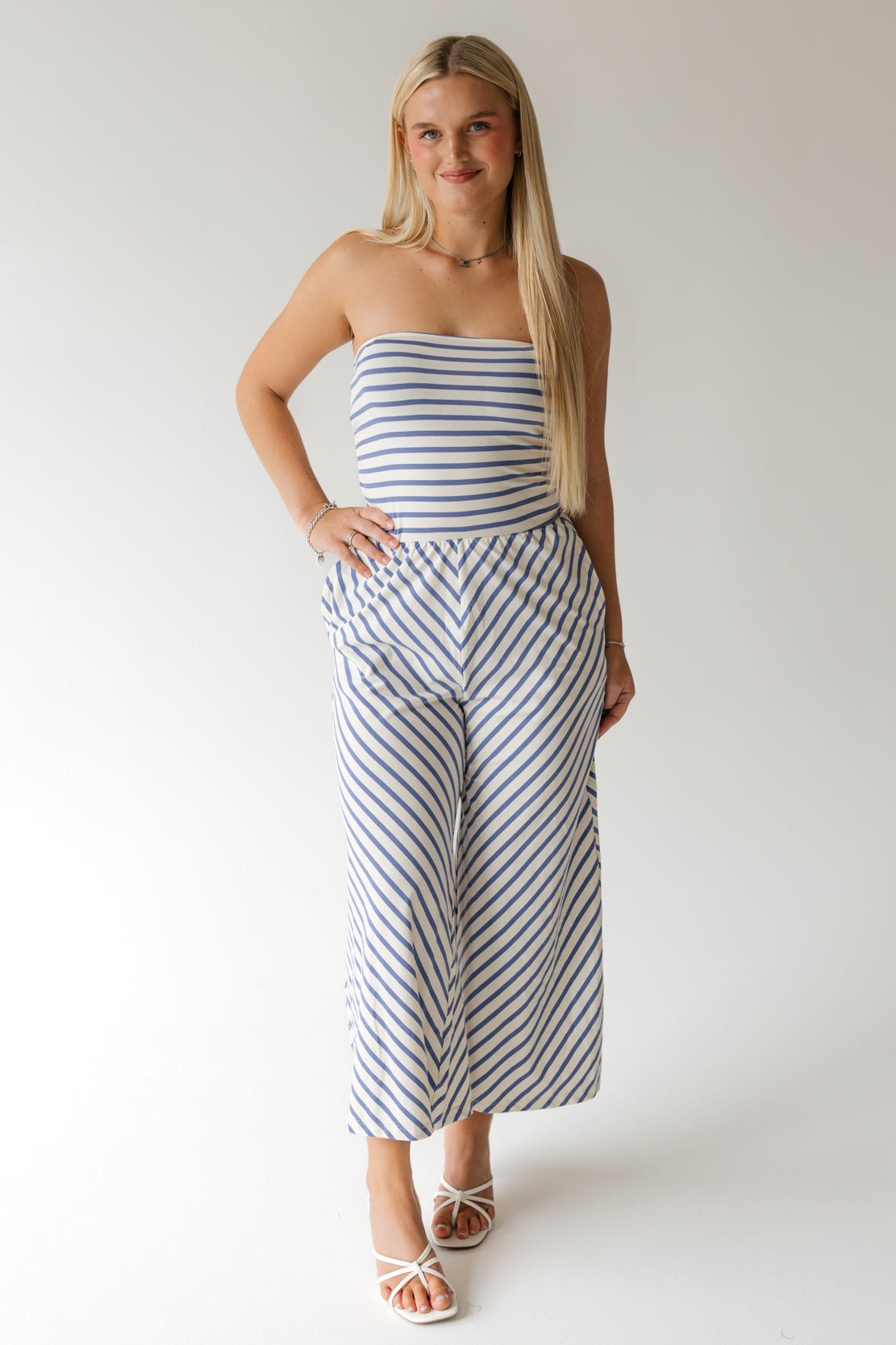 Terri Striped Knit Jumpsuit | Cream Blue