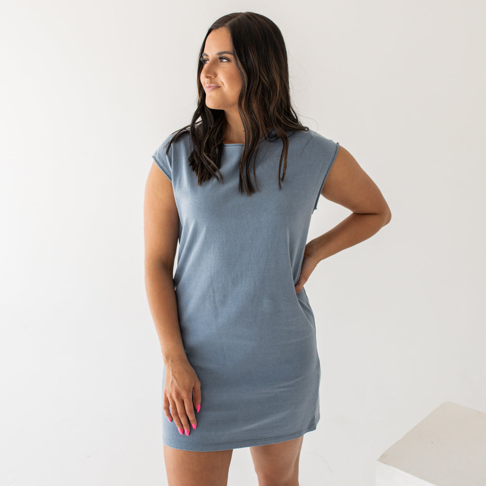 Frankie Raw Hem Mini Dress | Gray Blue