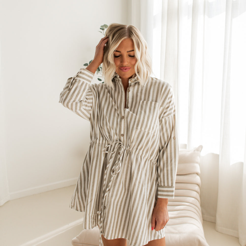 
                      
                        Quinn Striped Shirt Dress | Light Olive
                      
                    