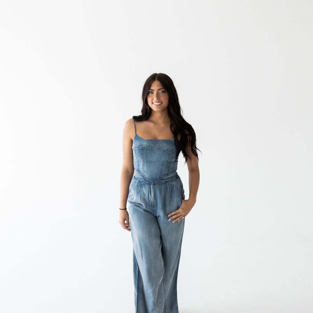 
                      
                        Tiffany High Waisted Pleated Wide Leg Pant | Chambray
                      
                    