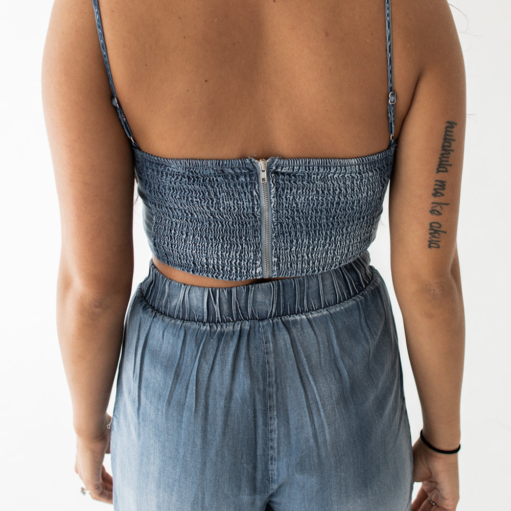 
                      
                        Katie Cropped Corset Tank | Chambray
                      
                    