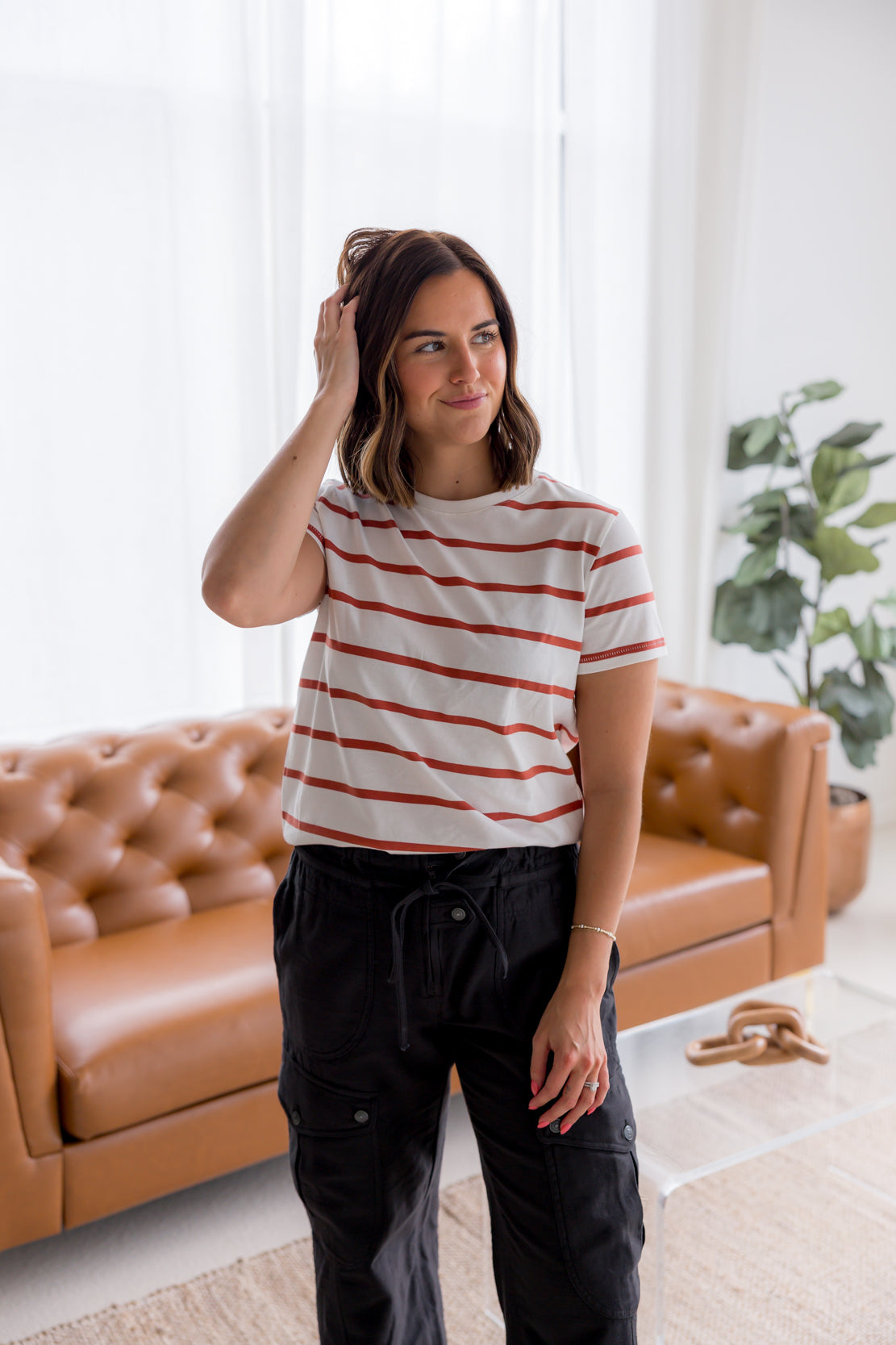 Asher Striped Basic Tee | White/Burnt Orange