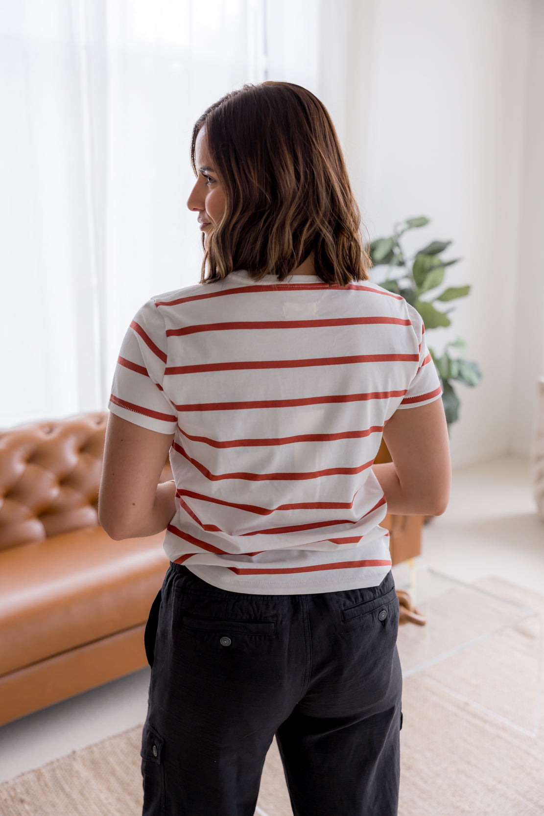 Asher Striped Basic Tee | White/Burnt Orange