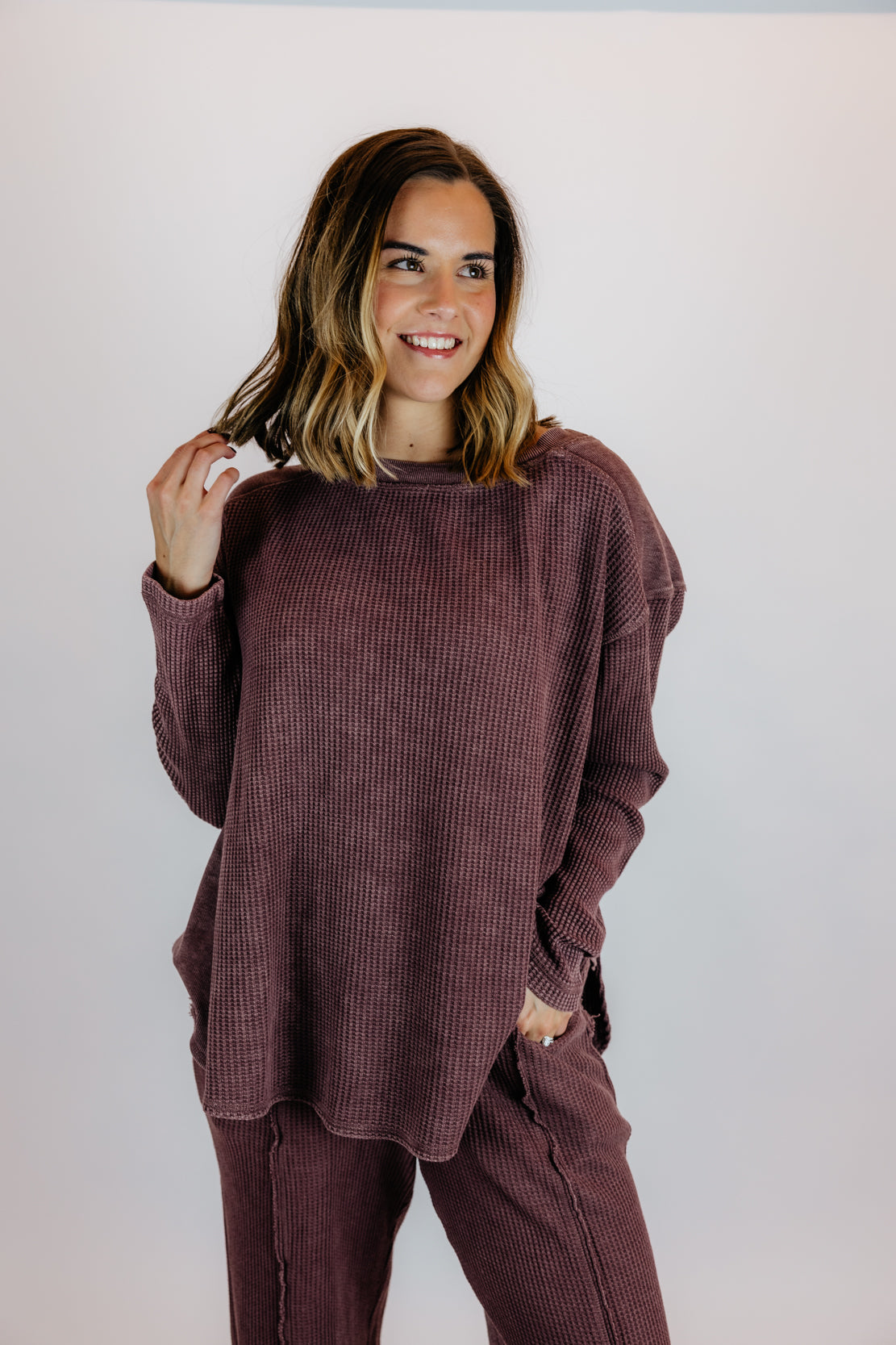 Addi Waffle Long Sleeve & Cocoon Pant Set | Dark Cherry