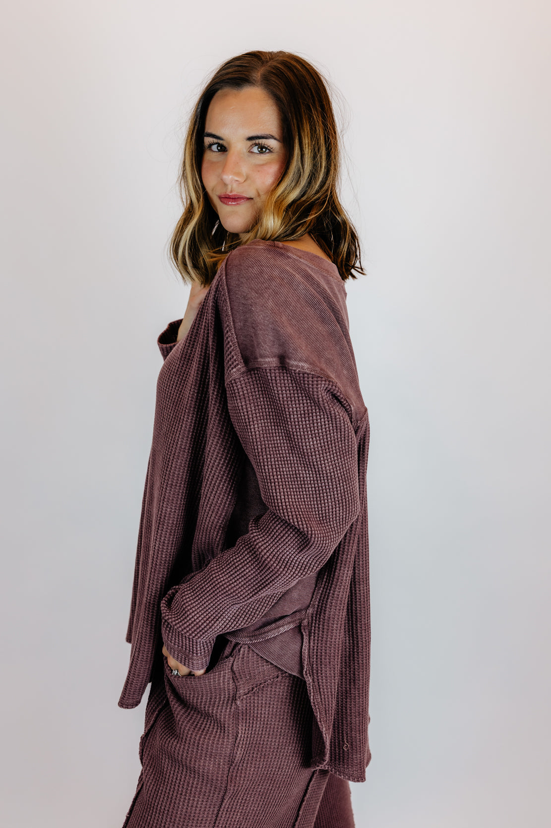 Addi Waffle Long Sleeve & Cocoon Pant Set | Dark Cherry