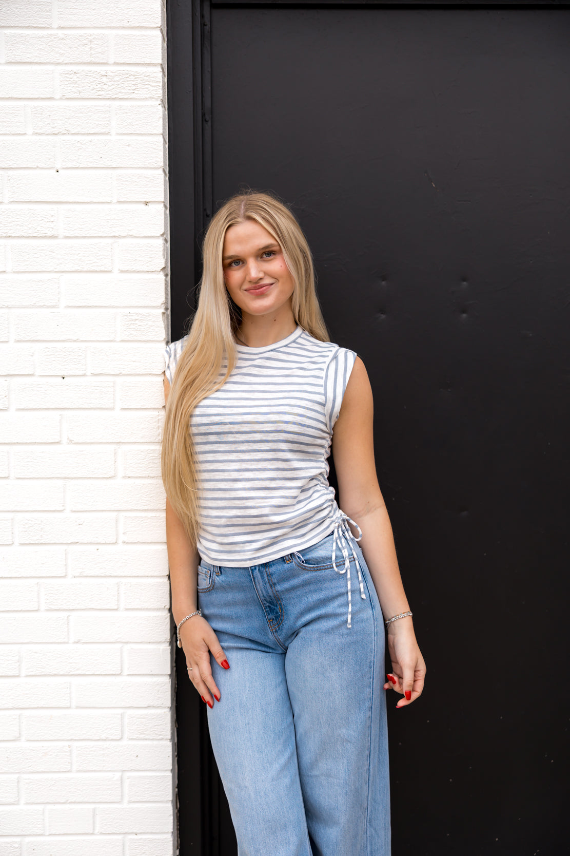 Gia Striped Drawstring Top | Blue