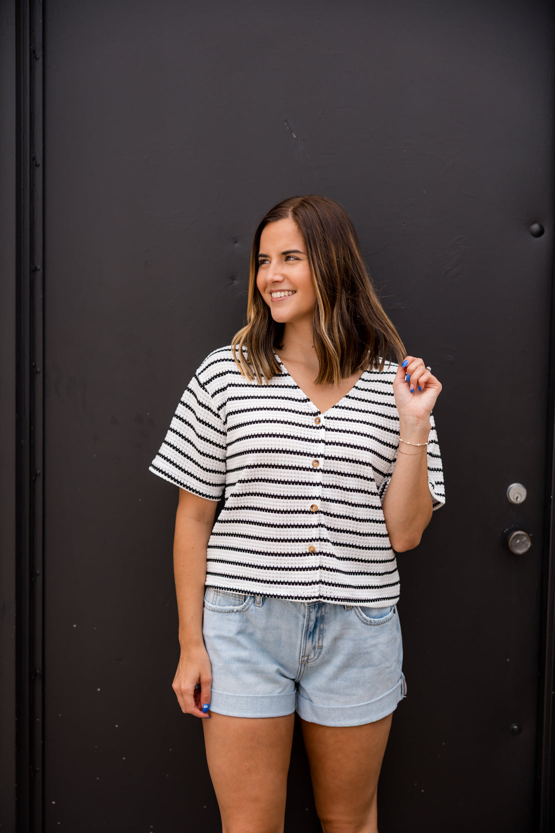 Jamie Striped Knit Top | Off White/Black