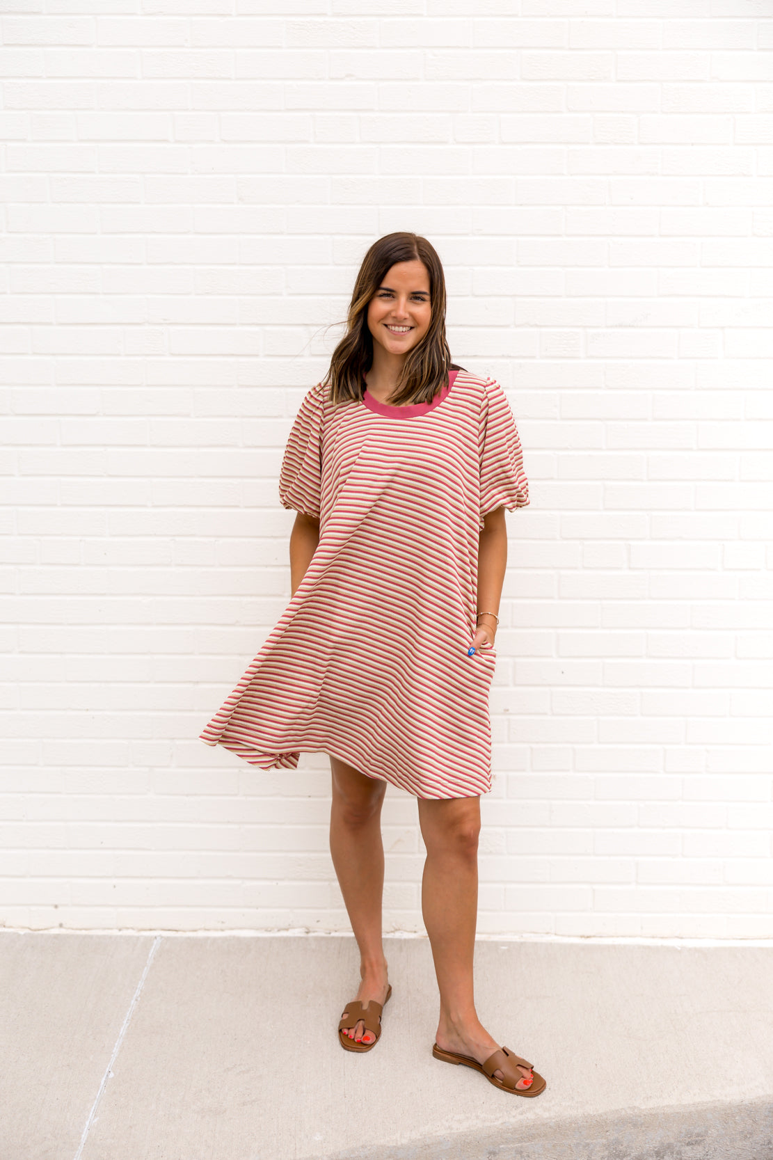Madelyn Striped Bubble Sleeve Dress | Mauve/Sand