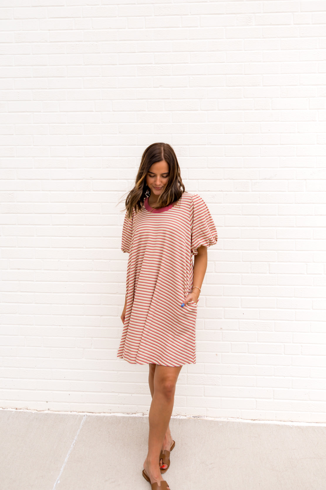 Madelyn Striped Bubble Sleeve Dress | Mauve/Sand