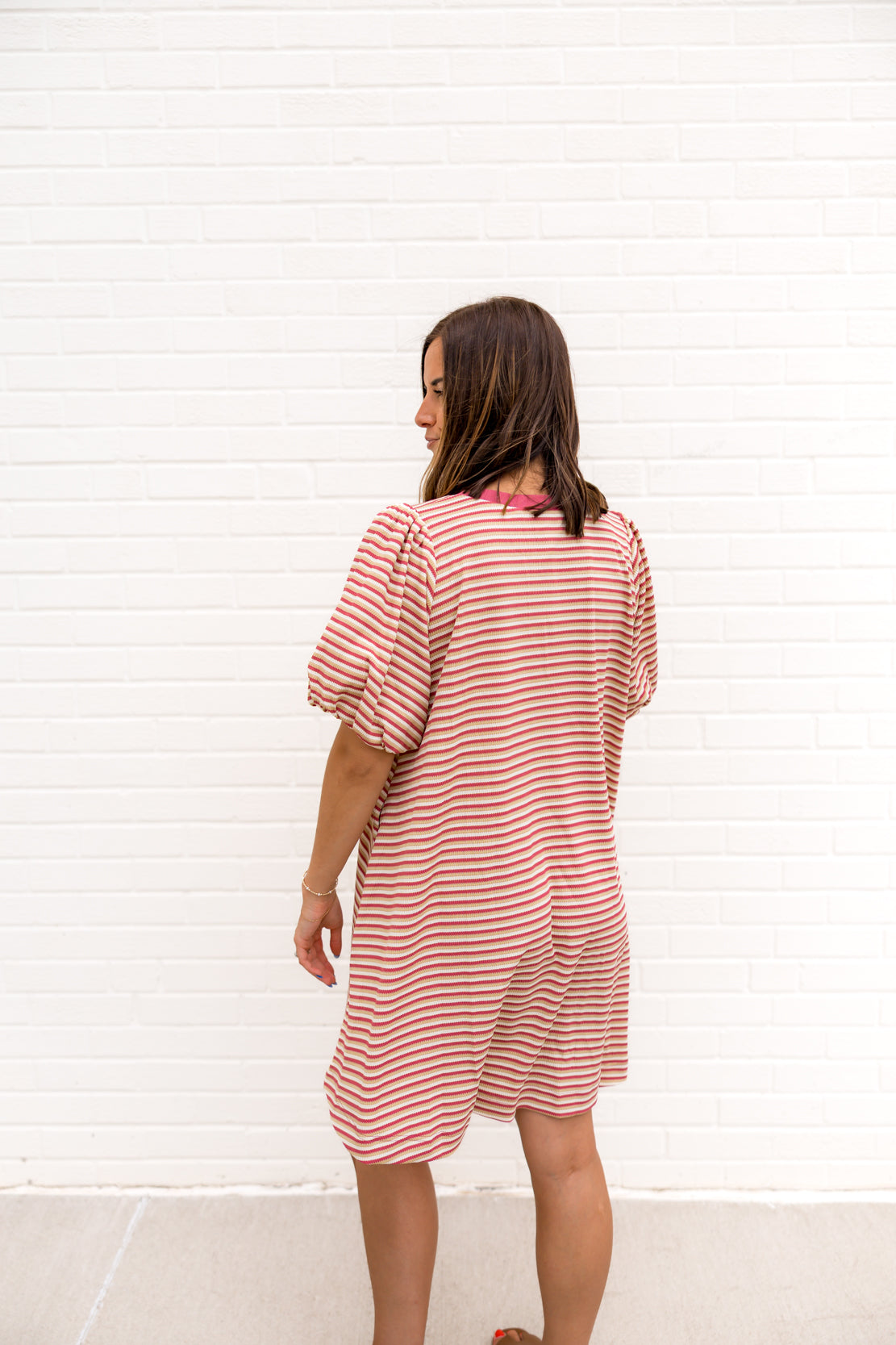 Madelyn Striped Bubble Sleeve Dress | Mauve/Sand
