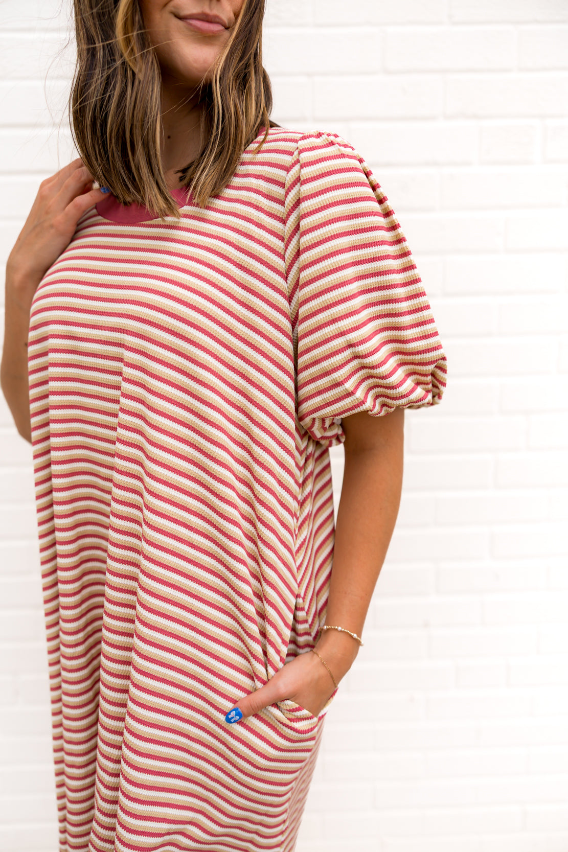 Madelyn Striped Bubble Sleeve Dress | Mauve/Sand
