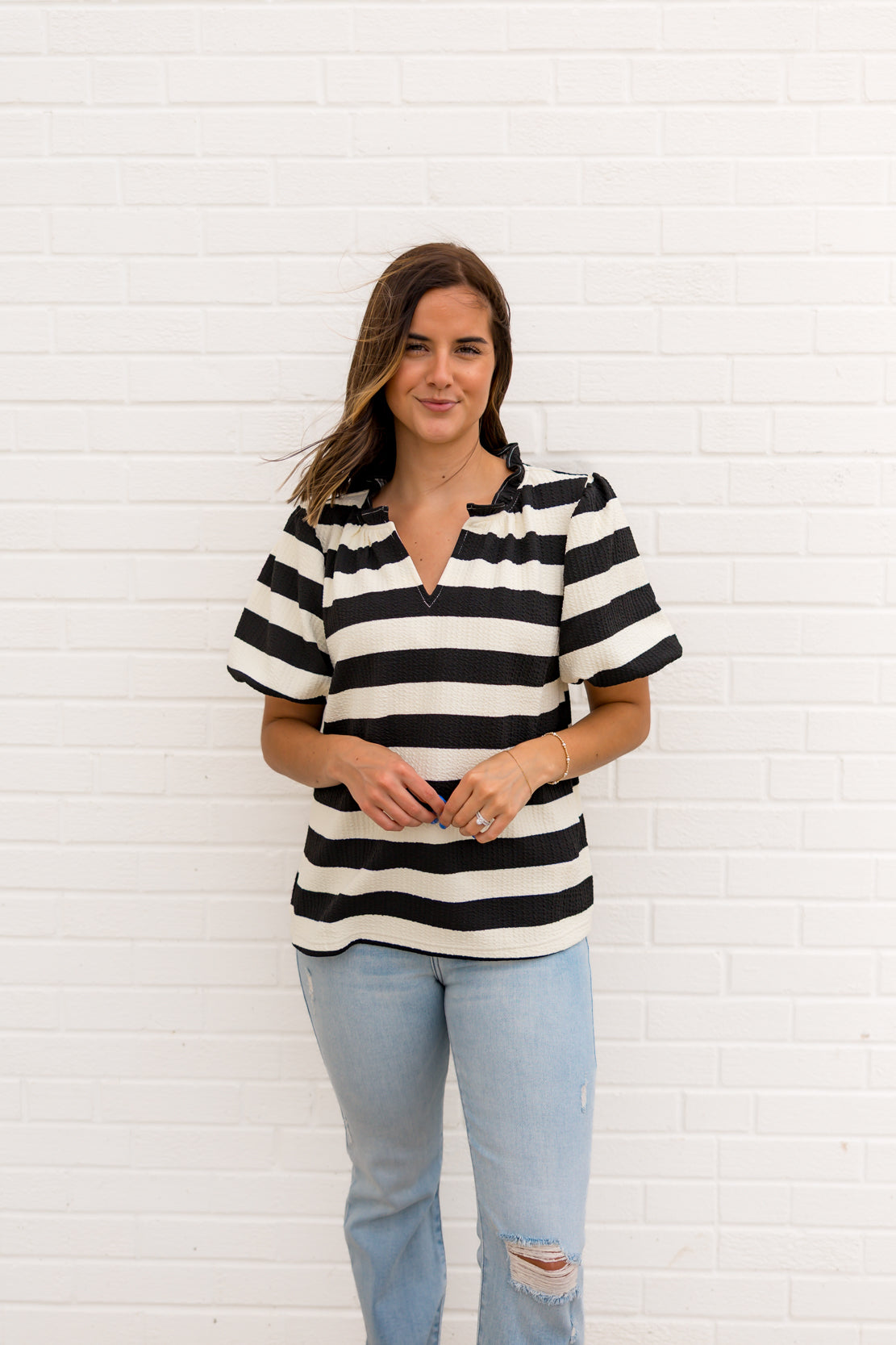 Lexi Striped Ruffled Top | Black/Cream