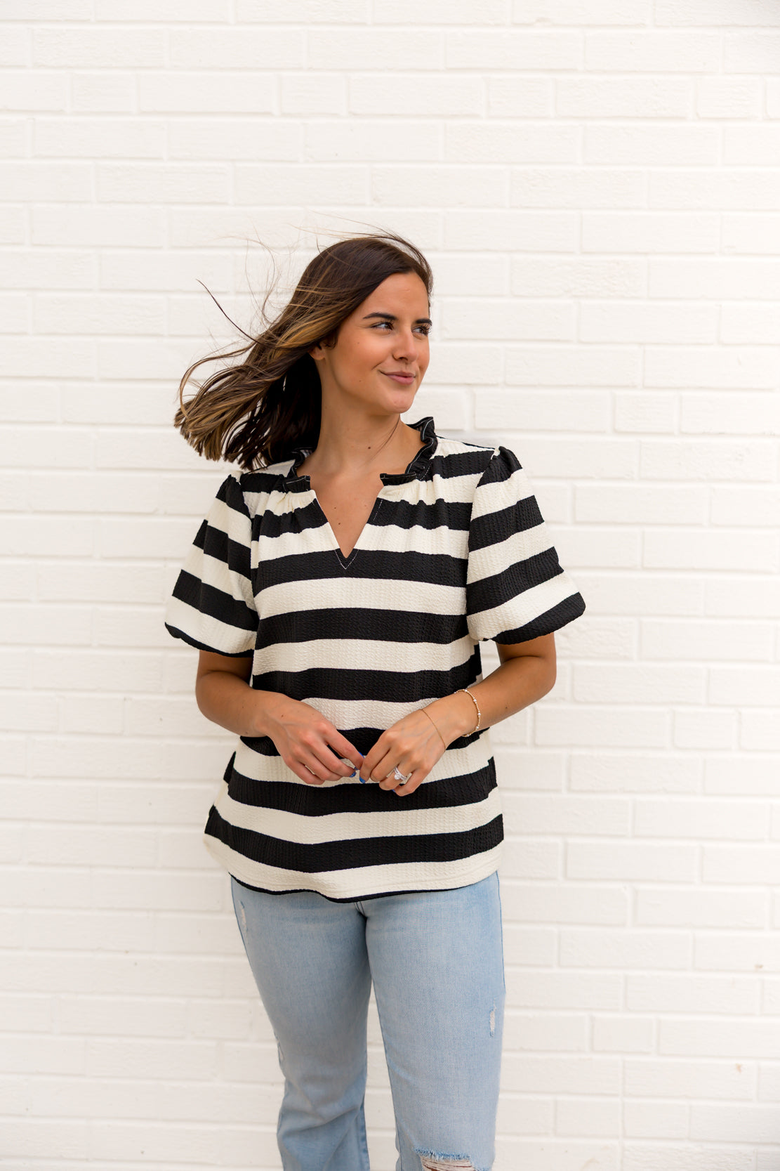 Lexi Striped Ruffled Top | Black/Cream