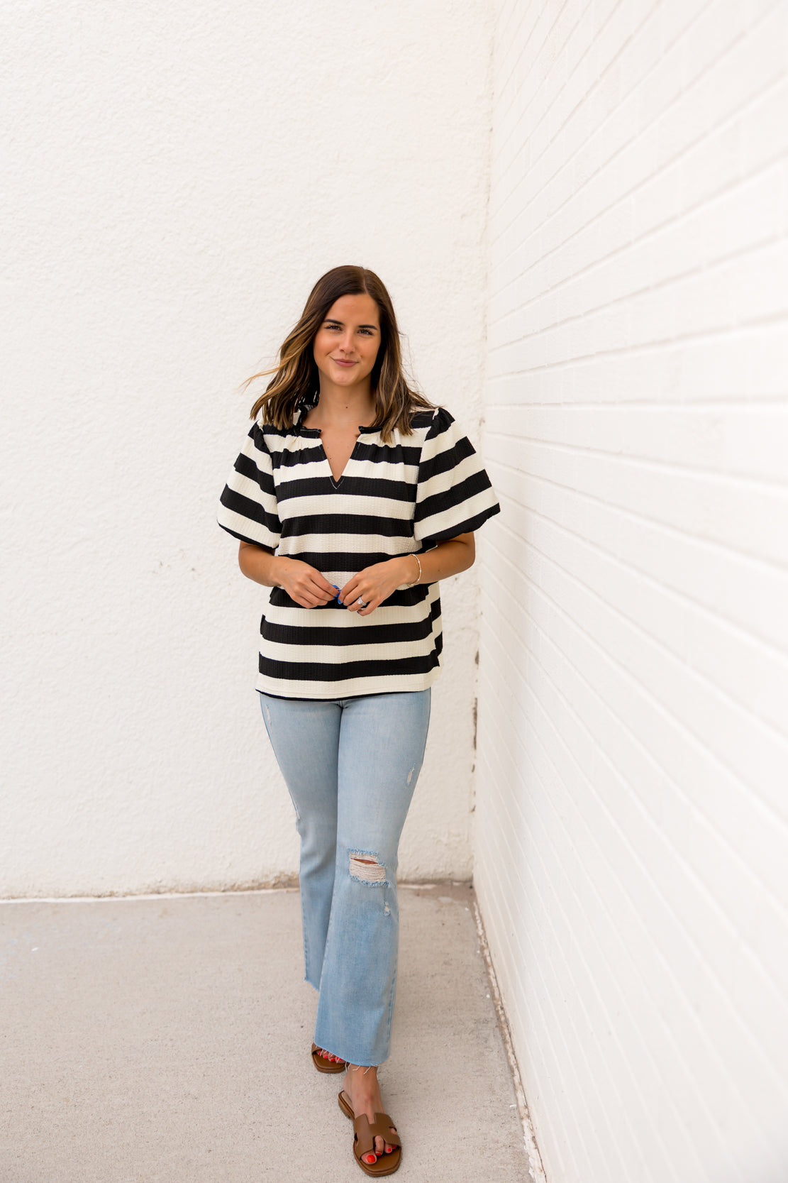 Lexi Striped Ruffled Top | Black/Cream
