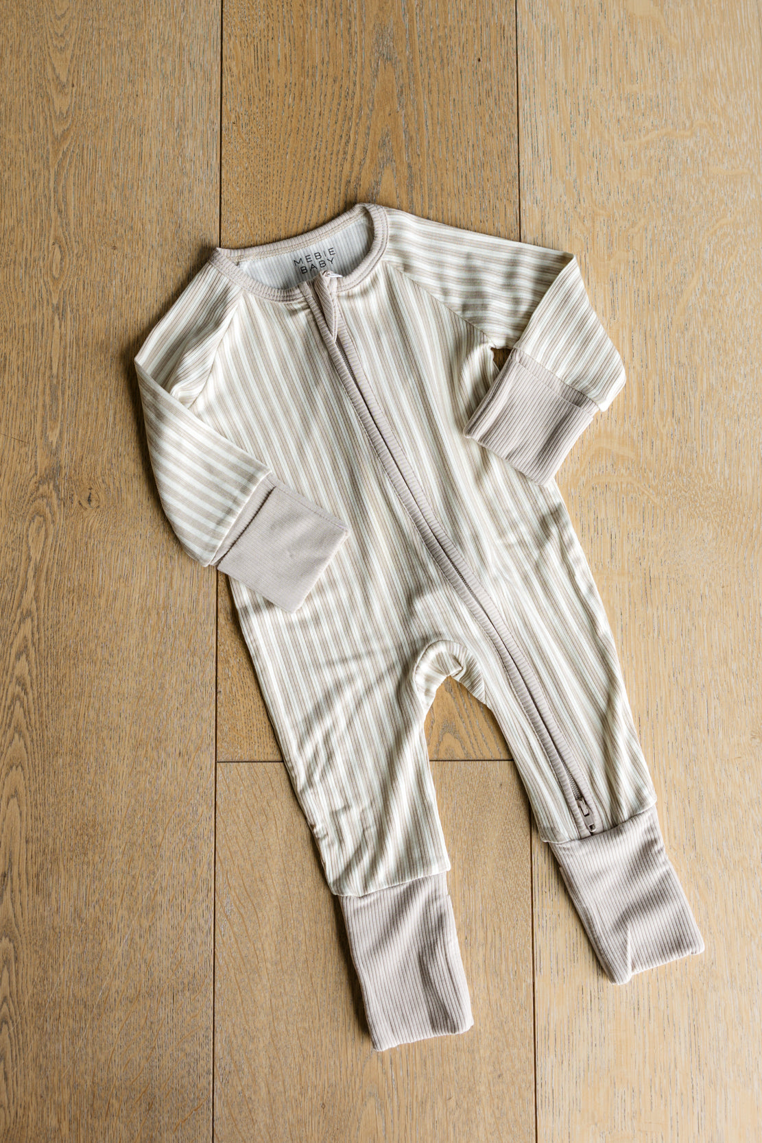 Mebie Baby Convertible Romper | Taupe Stripe Ribbed