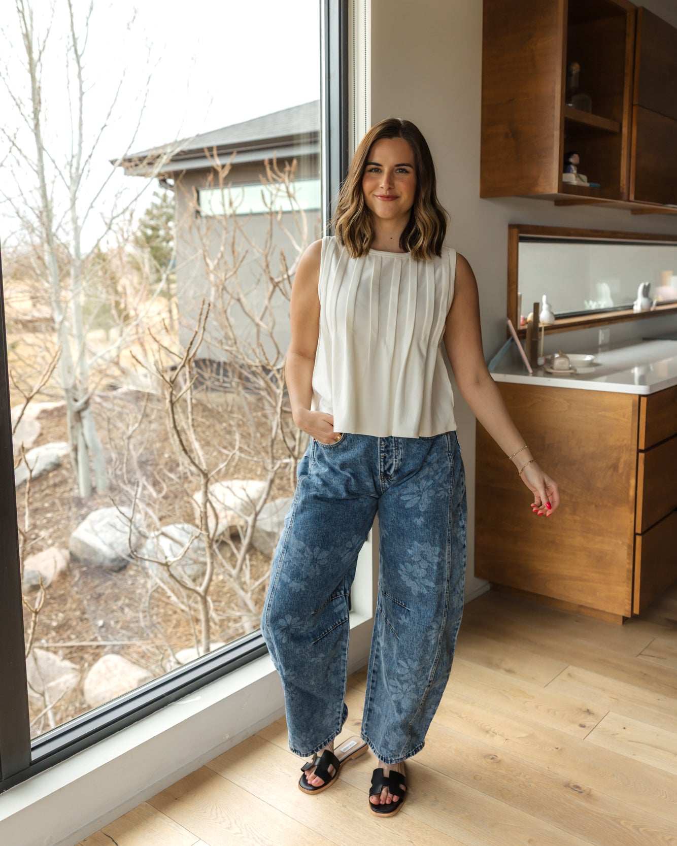 Noah High Rise Floral Barrel Jeans | Denim Blue