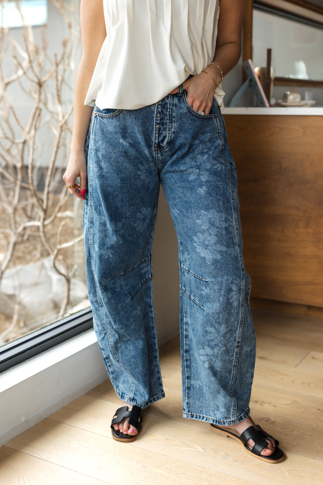 Noah High Rise Floral Barrel Jeans | Denim Blue