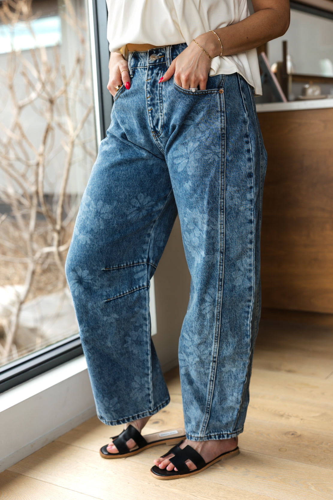 Noah High Rise Floral Barrel Jeans | Denim Blue