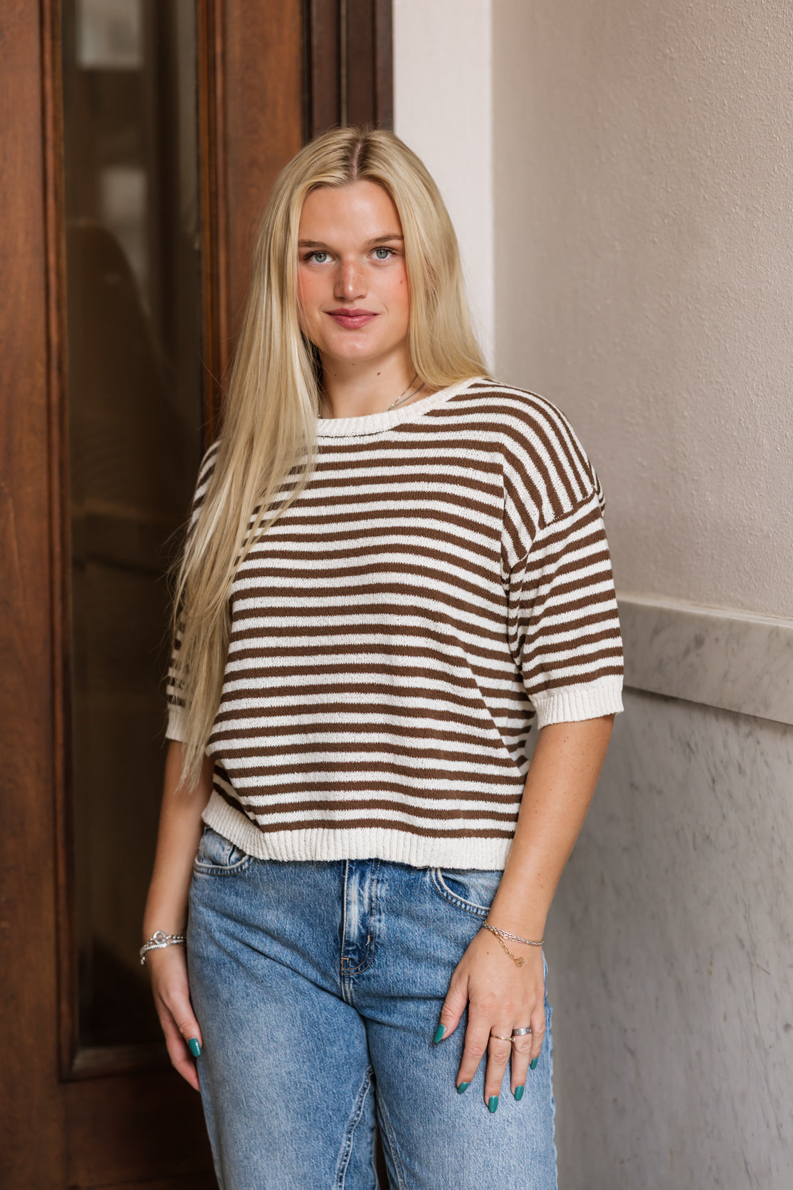 Heather Stripe Short Sleeve Sweater | Brown