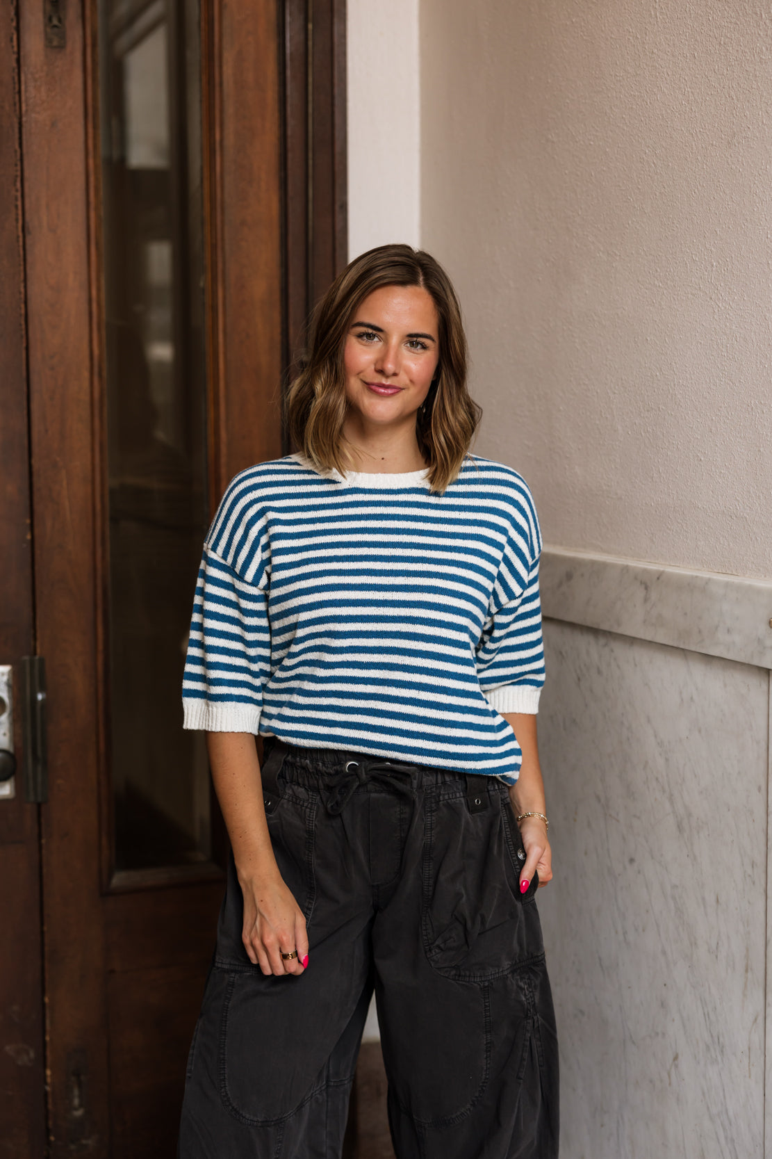 Heather Stripe Short Sleeve Sweater | Blue