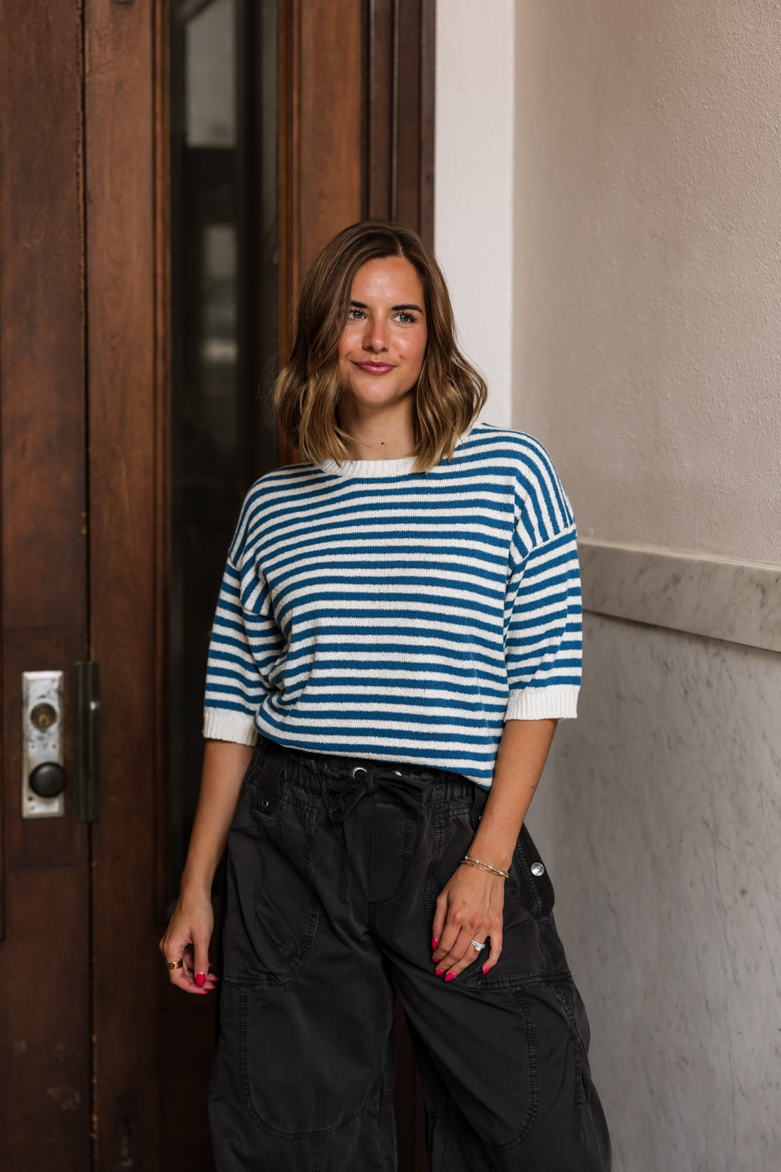 Heather Stripe Short Sleeve Sweater | Blue