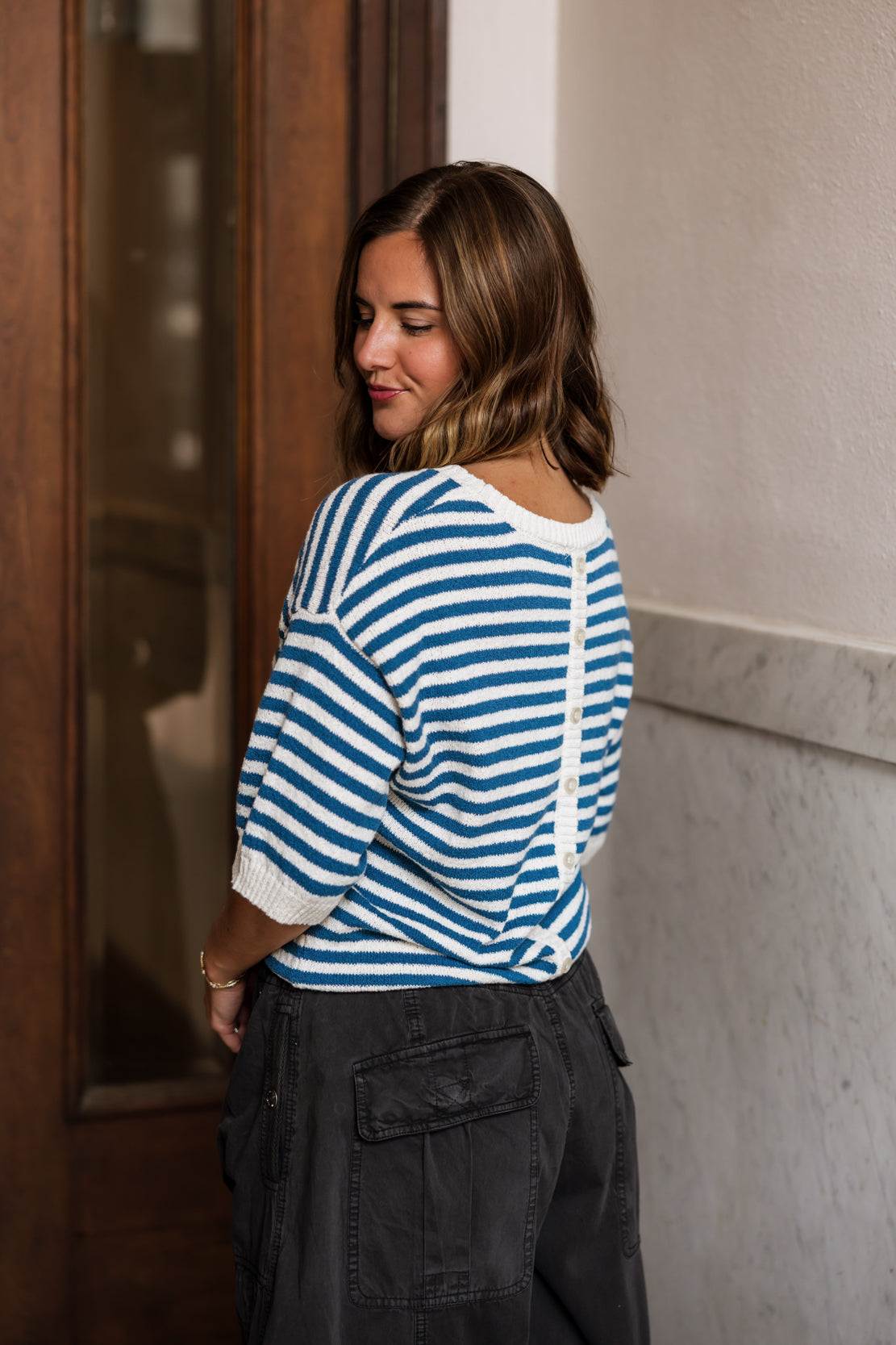 Heather Stripe Short Sleeve Sweater | Blue