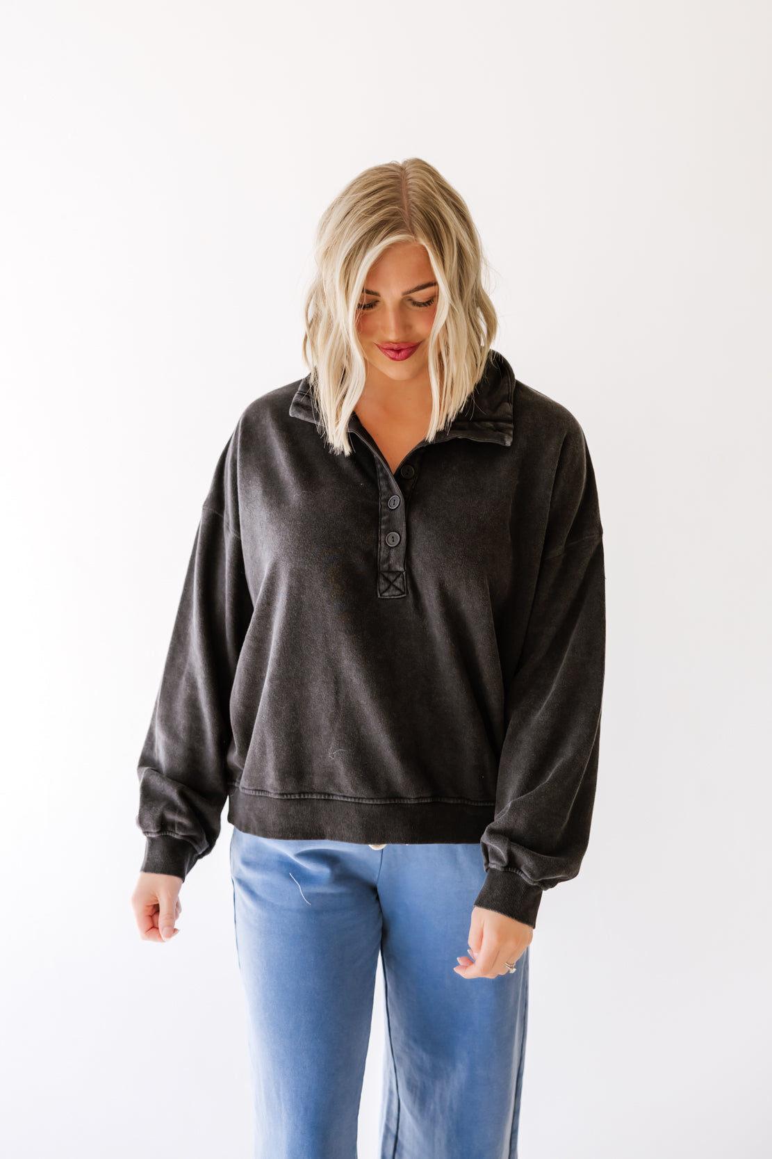 Natalie Button Up Sweatshirt | Black