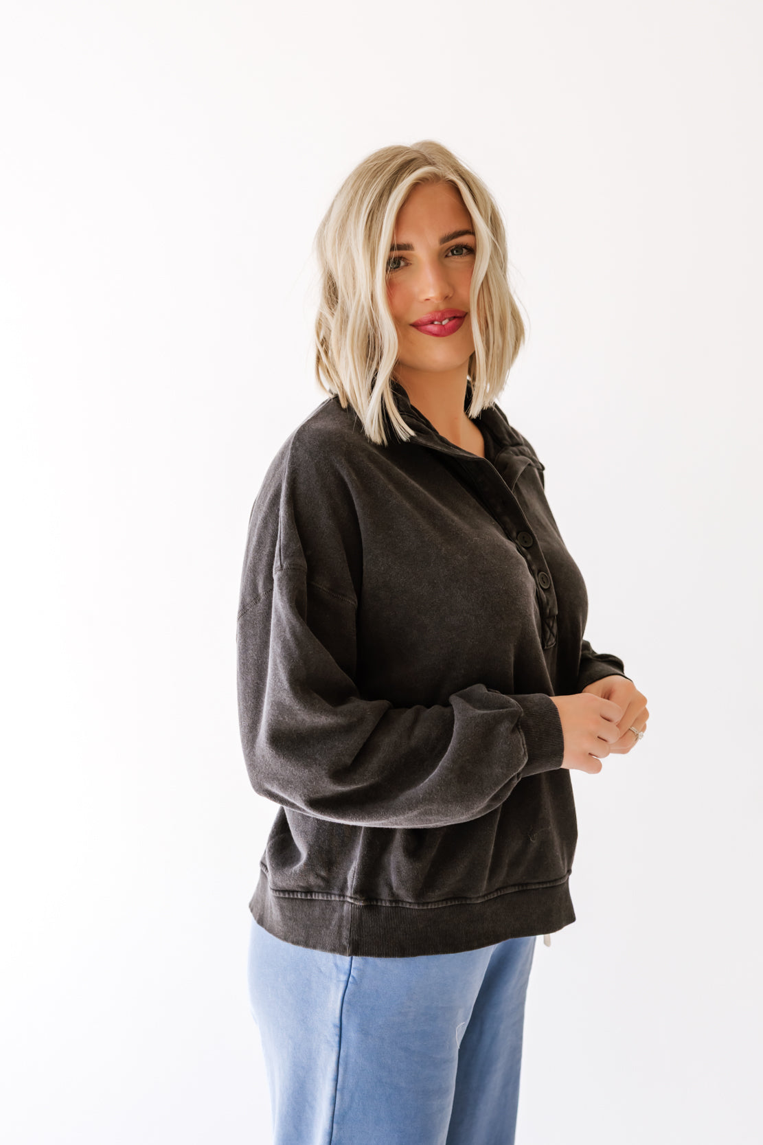 Natalie Button Up Sweatshirt | Black