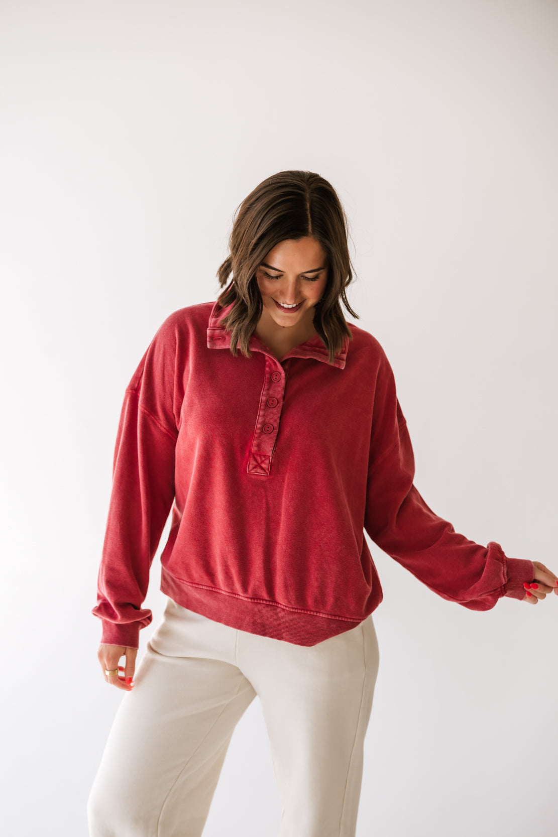 Natalie Button Up Sweatshirt | Dark Red