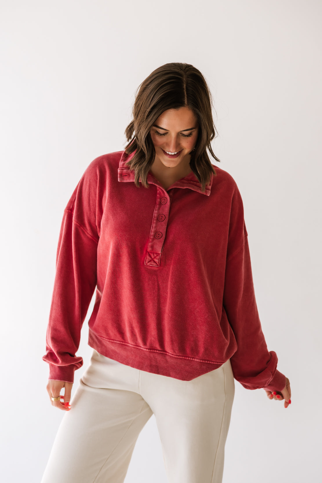 Natalie Button Up Sweatshirt | Dark Red