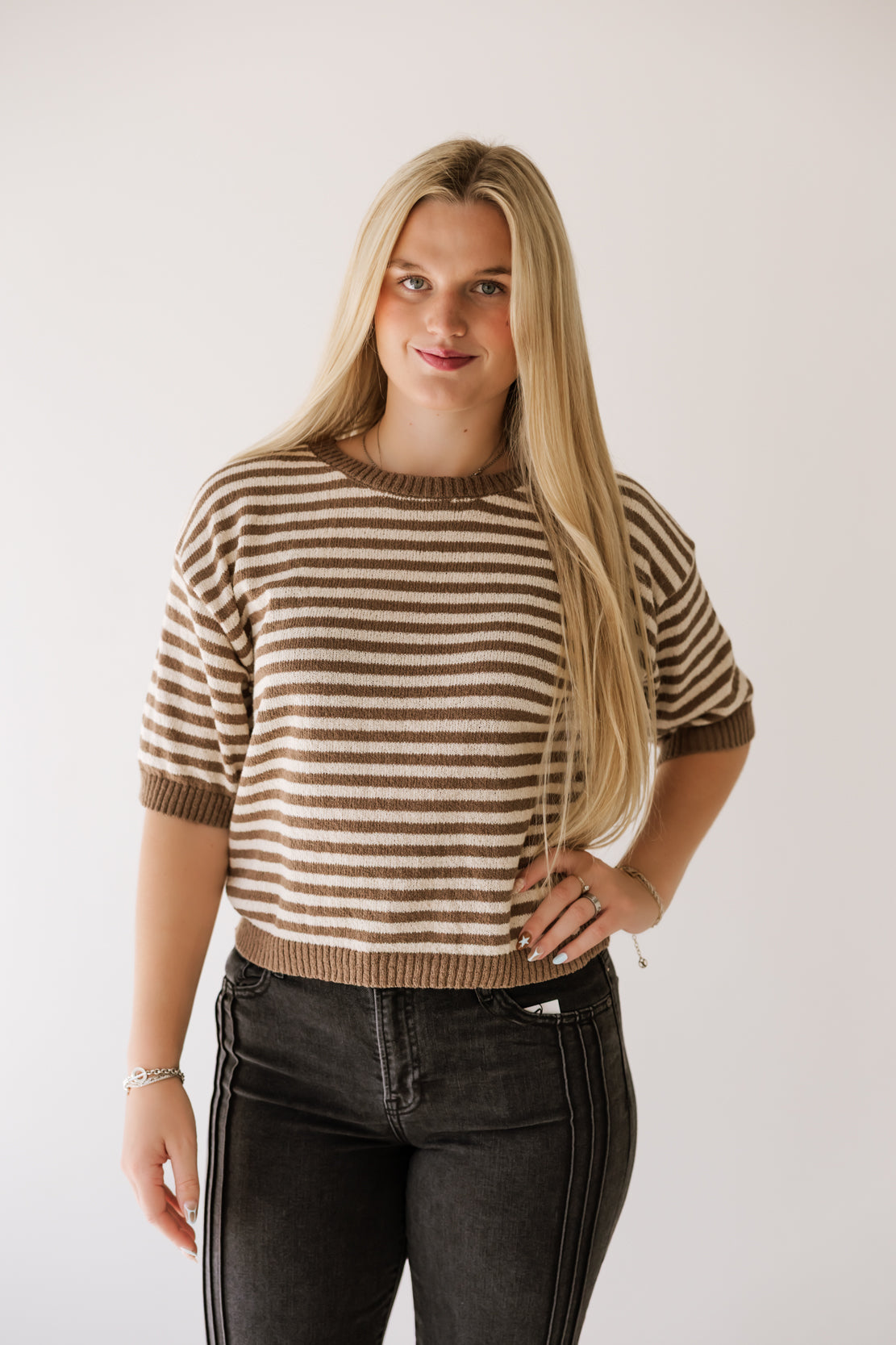 Heather Stripe Short Sleeve Sweater | Mocha