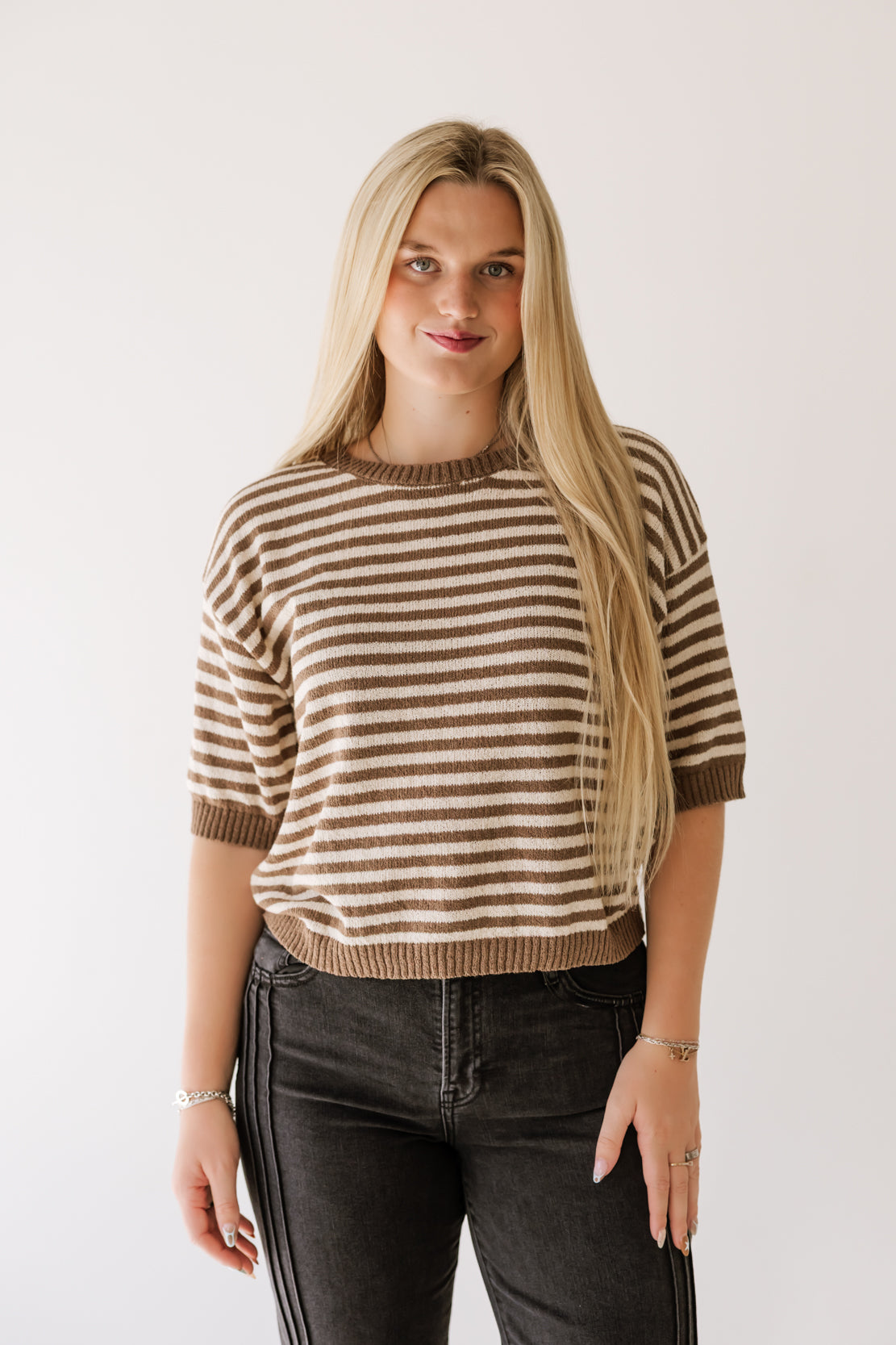 Heather Stripe Short Sleeve Sweater | Mocha