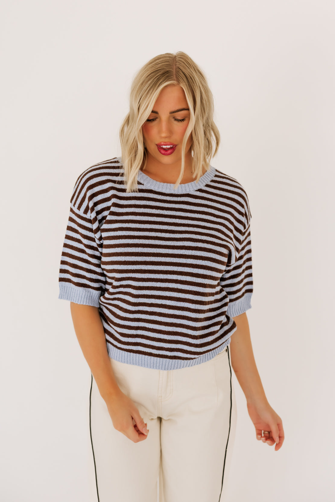 Heather Stripe Short Sleeve Sweater | Chocolate Brown