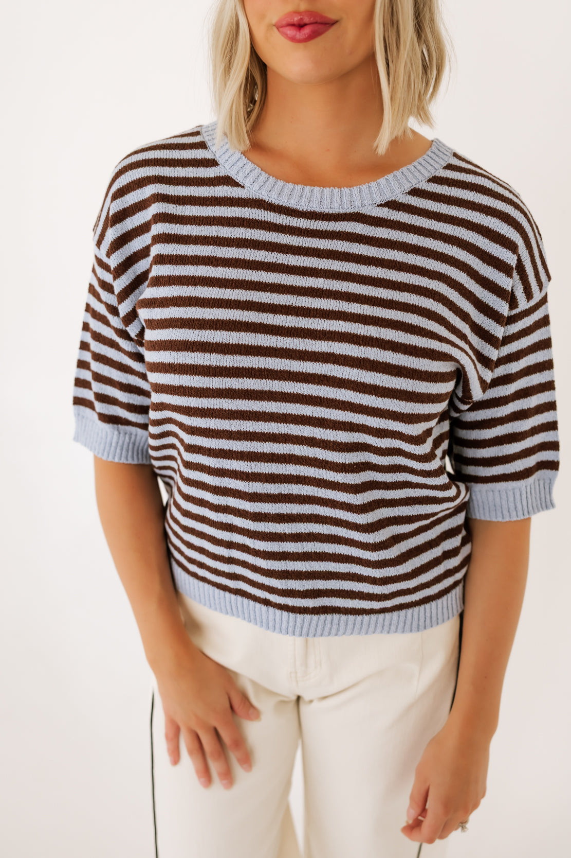 Heather Stripe Short Sleeve Sweater | Chocolate Brown