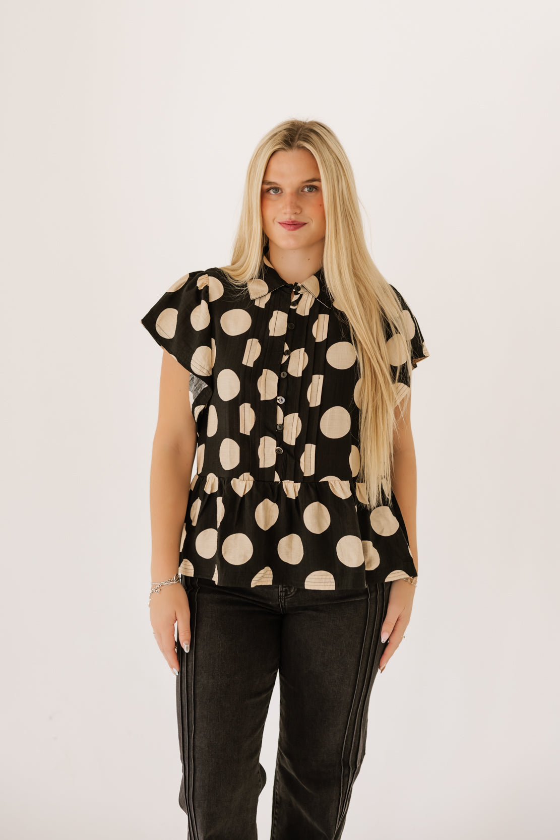 Megan Polka Dot Ruffle Top | Black